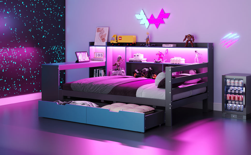 Multifunctional Wooden Sofa Bed with Desk, Bookshelf, Storage and Sockets, 90x200cm, Black and Blue