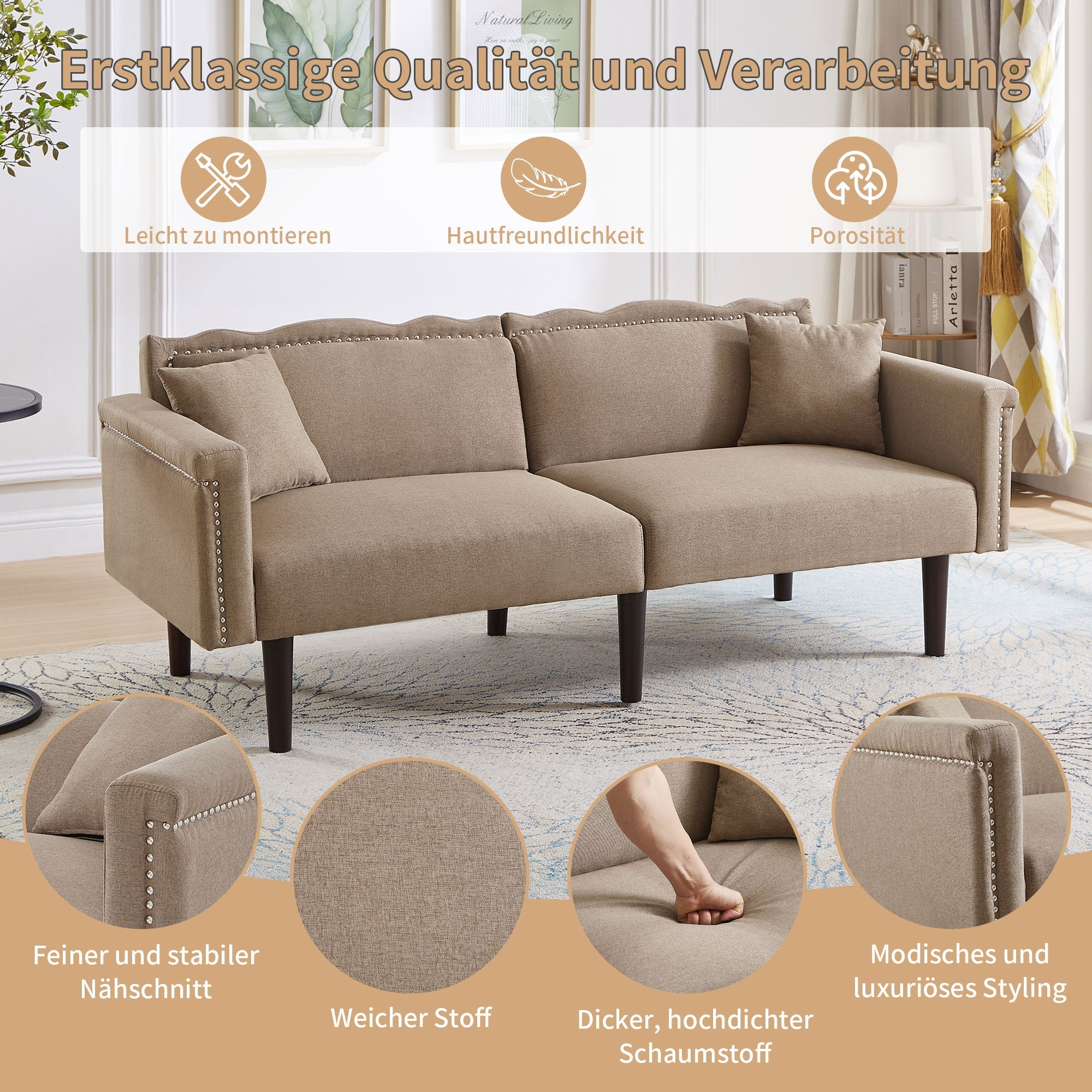 2-in-1 Multifunctional Sofa Bed, Two-Seater Reclining with Adjustable Backrests, High-Density Foam, Cotton Linen
