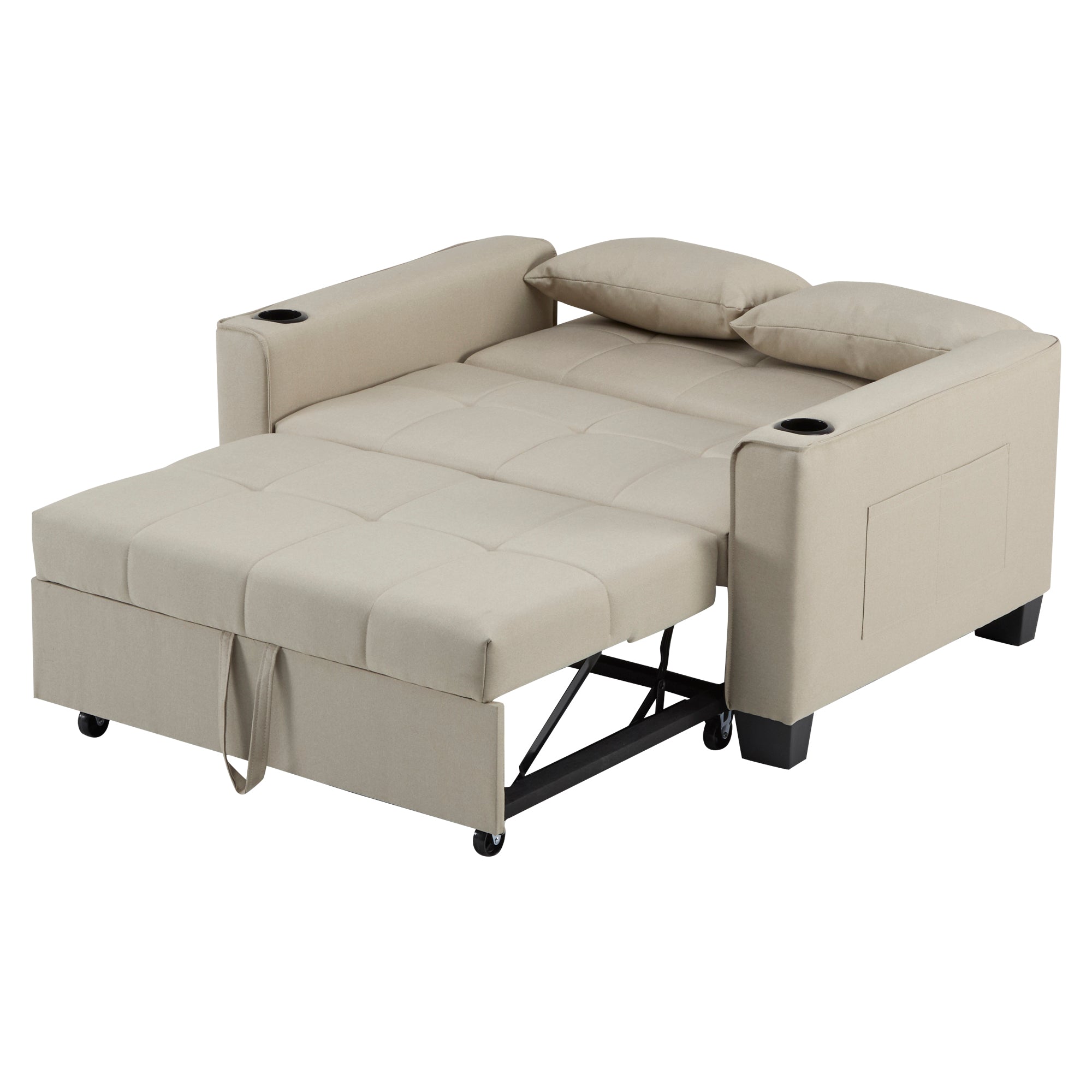 2 Seater Sofa Bed with Cup Holders, Pull Out Sleeper Sofa Convertible, Beige Fabric