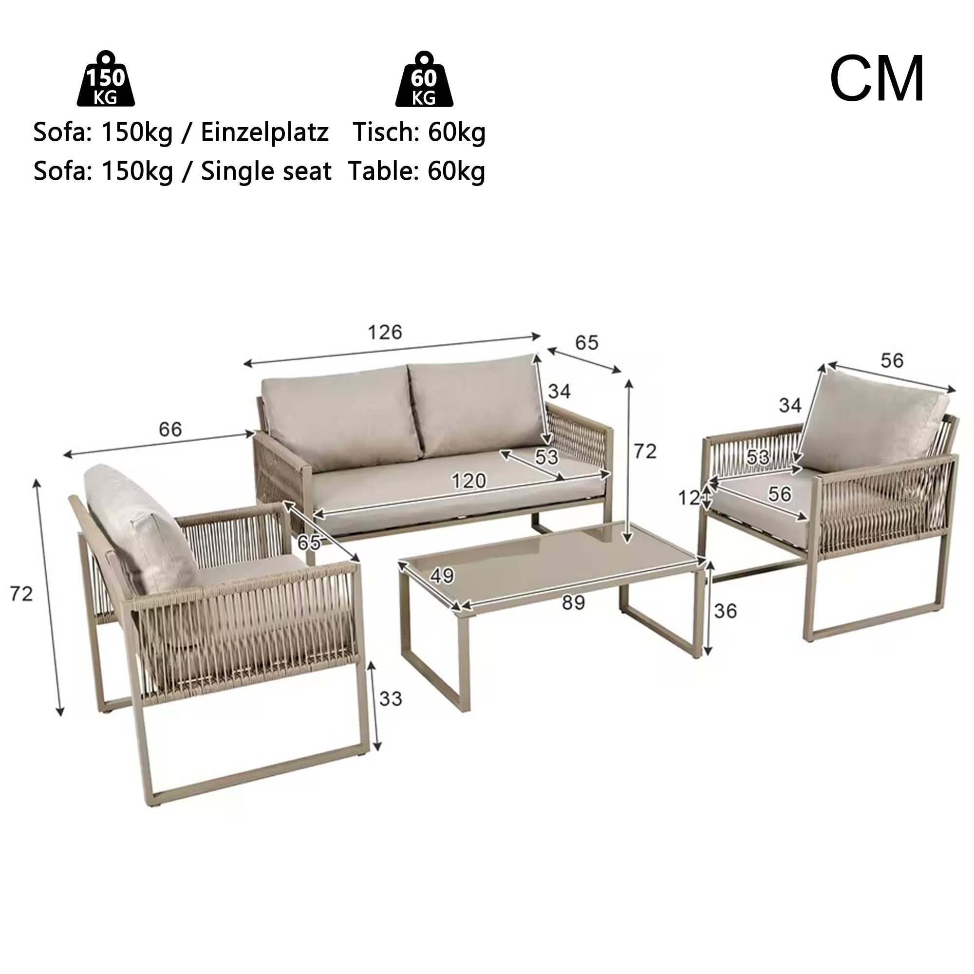 Outdoor Patio & Backyard Furniture Lounge Set for 4, Space Saving Sofa with Glass Coffee Table, Khaki