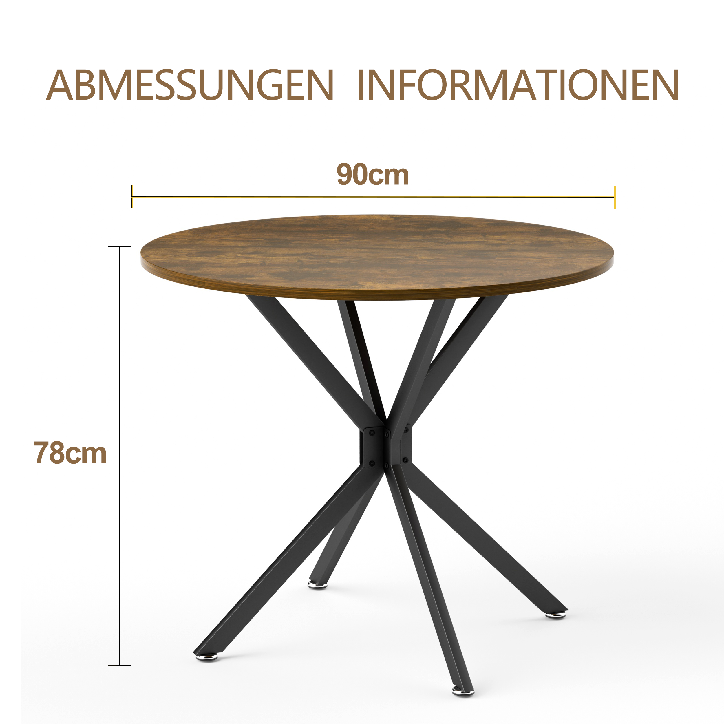 90 cm Round Dining Table, Space-Saving Kitchen Table with Metal Legs, Brown & Black