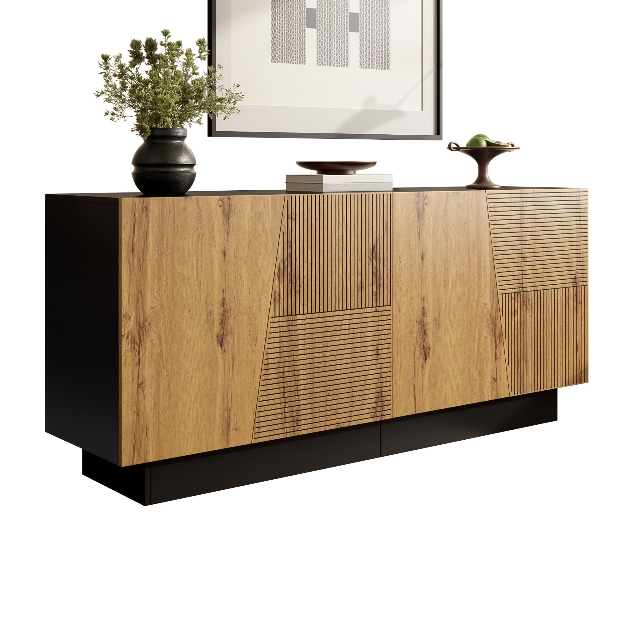 Sideboard 160cm Ample Storage Geometric Design Adjustable Shelf Black/Wood Particleboard