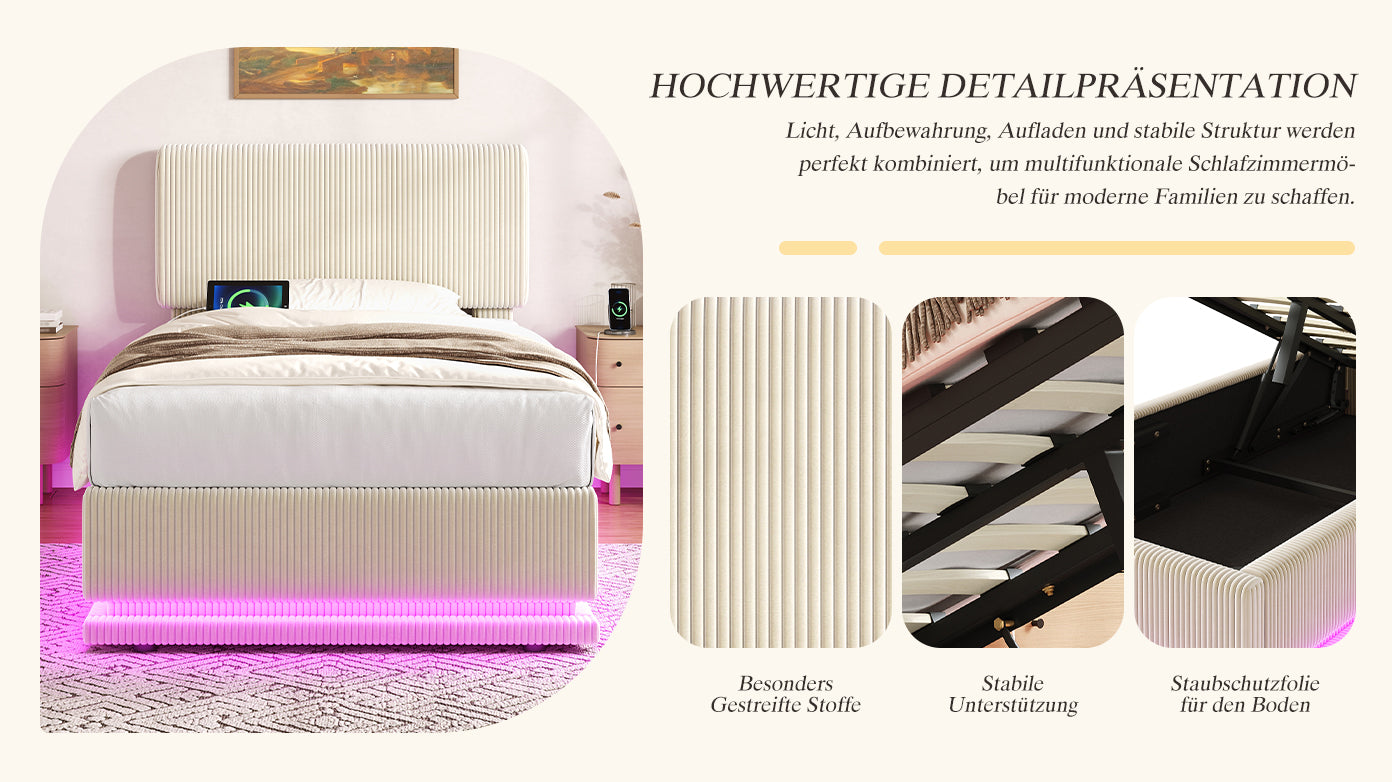 Modern Upholstered Bed with LED Lighting, USB-C and Storage, 90*200 Beige Corduroy