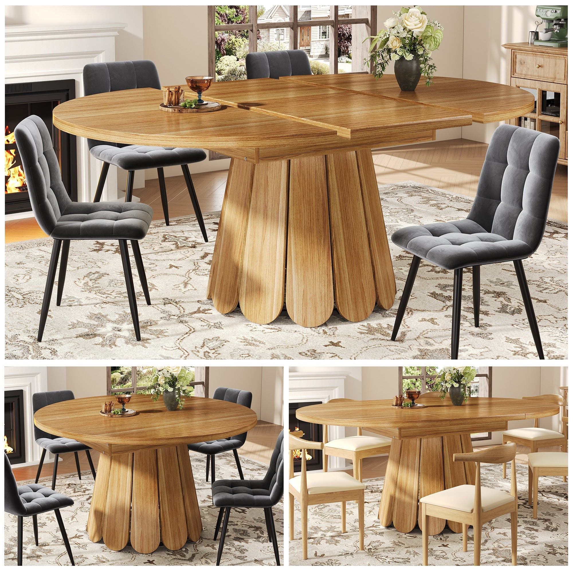 Extendable Round Dining Table, 118–158 cm, Seats 6, Wooden