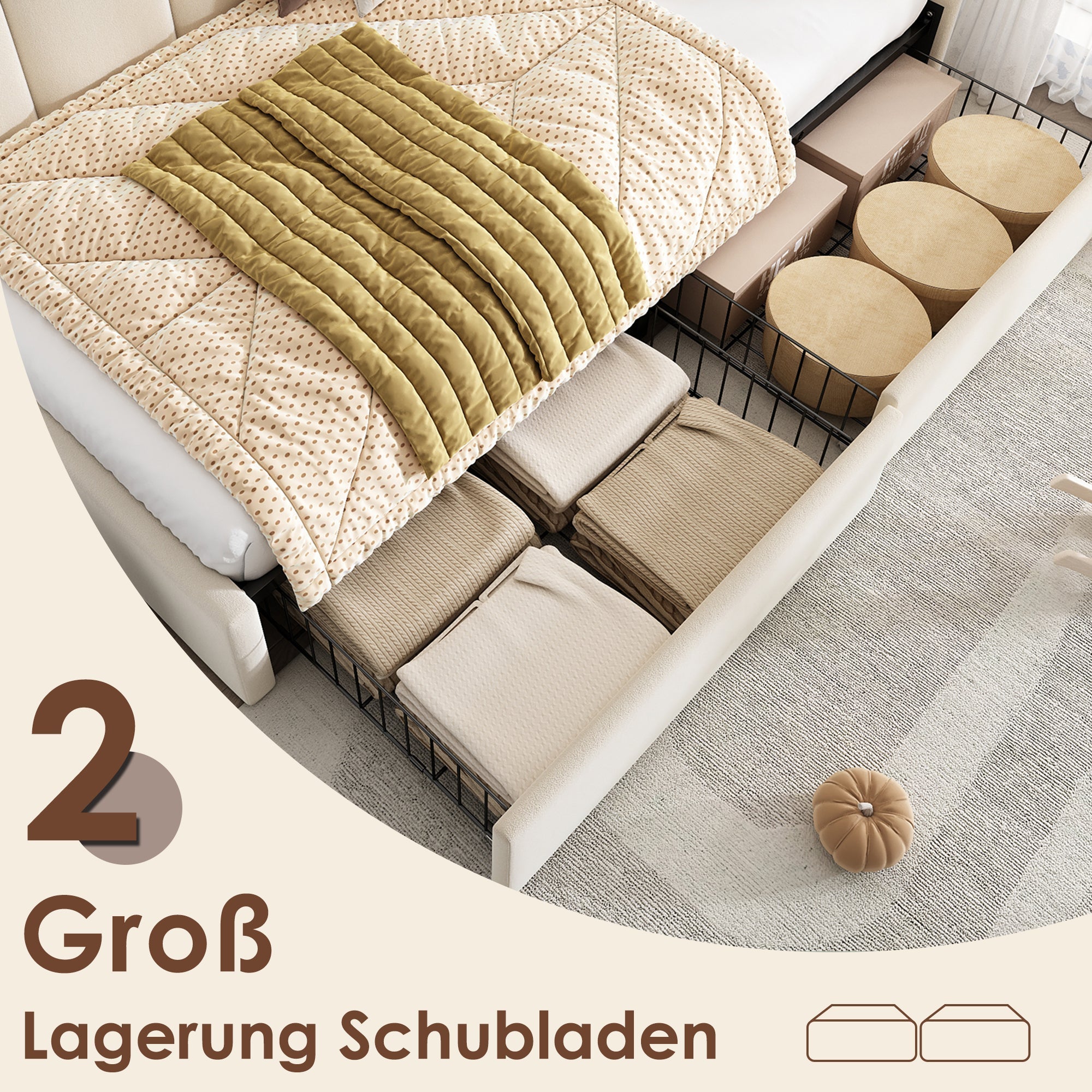 Upholstered Daybed with Drawers and Slatted Frame, 90x200cm, Beige Velvet