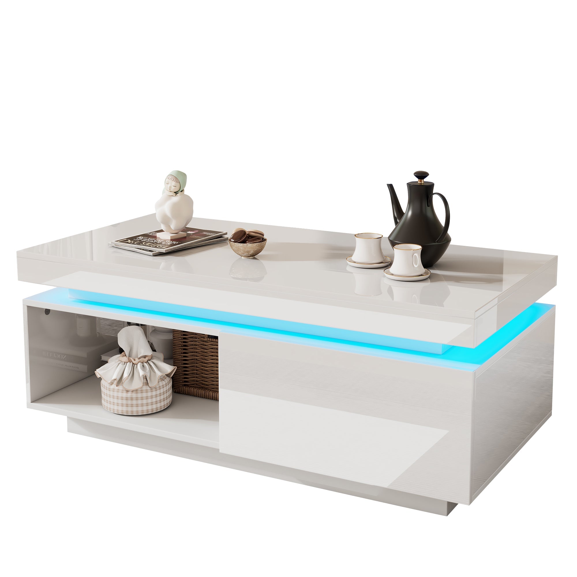 Modern high-gloss coffee table with LED lighting and drawer, 50 kg capacity