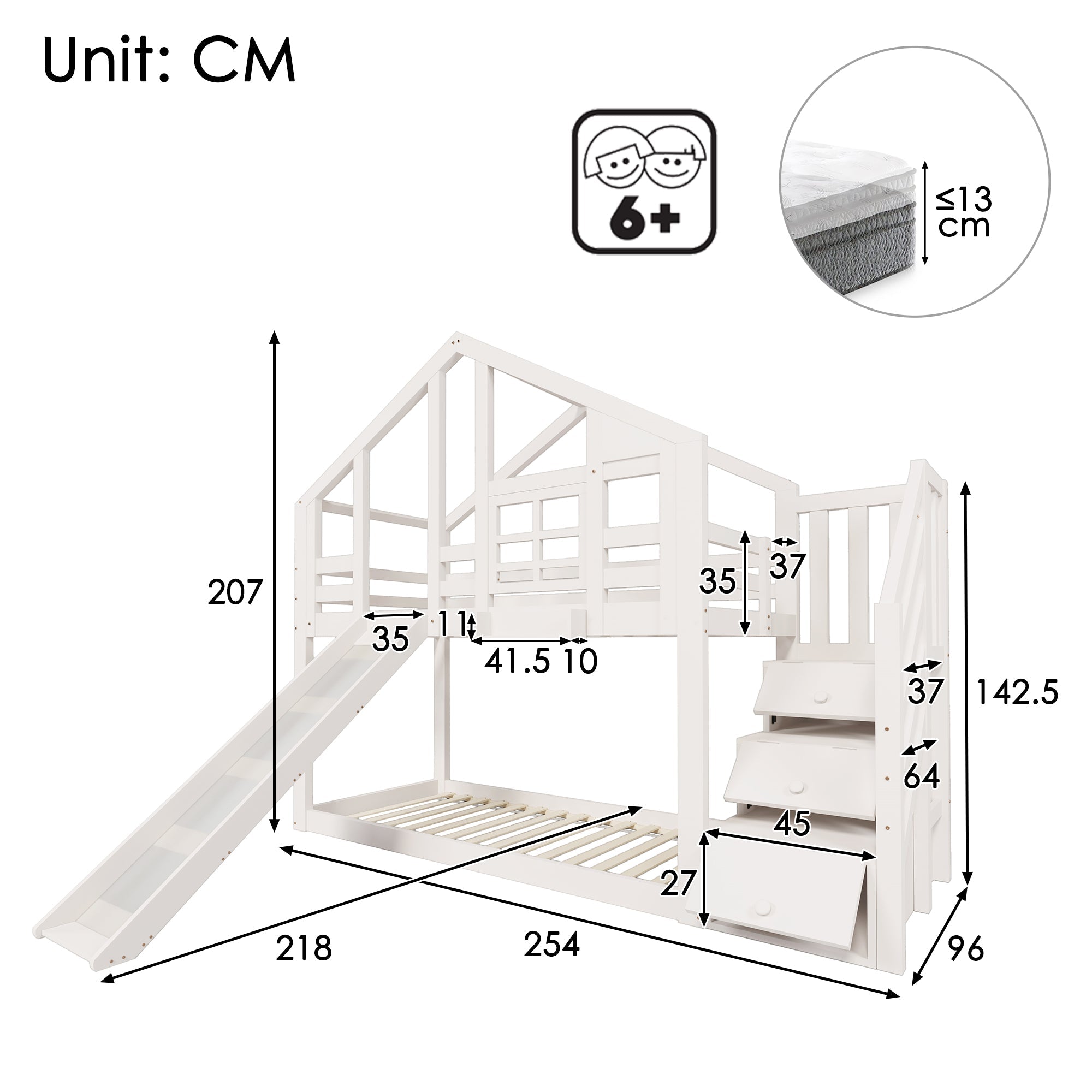 Children's Bed Tree House 90x200cm, Bunk Bed with Slide & Fall Protection, White