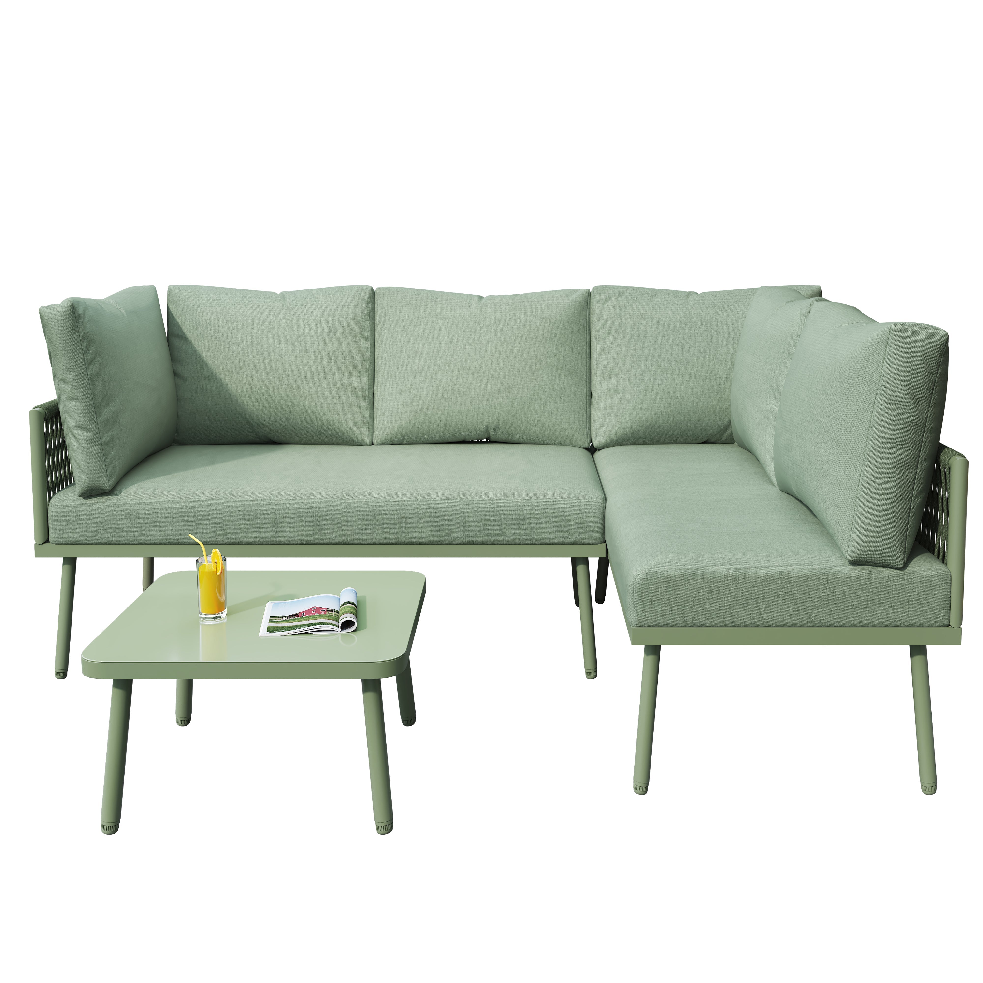 Outdoor Patio Furniture Garden Lounge Set 4-5 Person L-Shaped Corner Sofa Glass Coffee Table Green