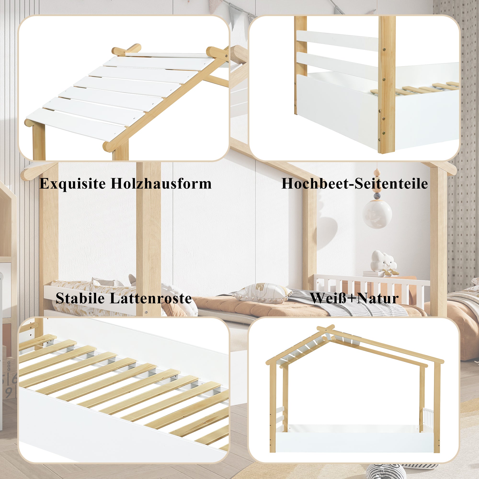 Wooden Bed, House Design Single, Pine + Chipboard + MDF, White + Natural