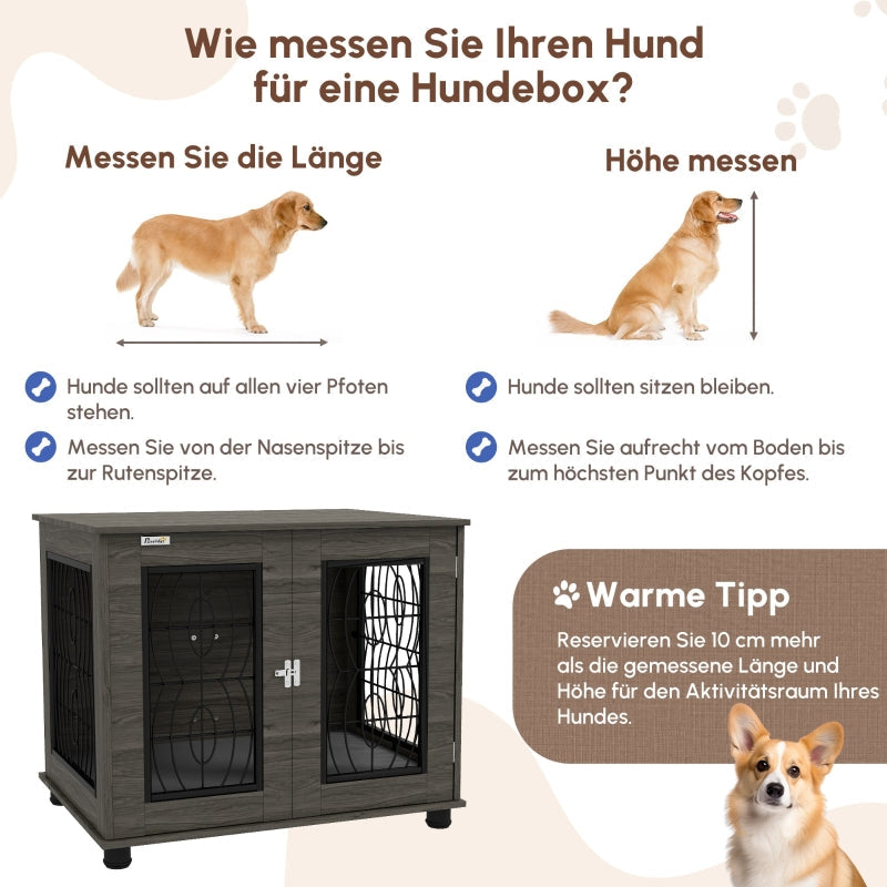 Dog Crate with Cushion, 20 kg/50 cm, Metal, Grey/Wood Decor