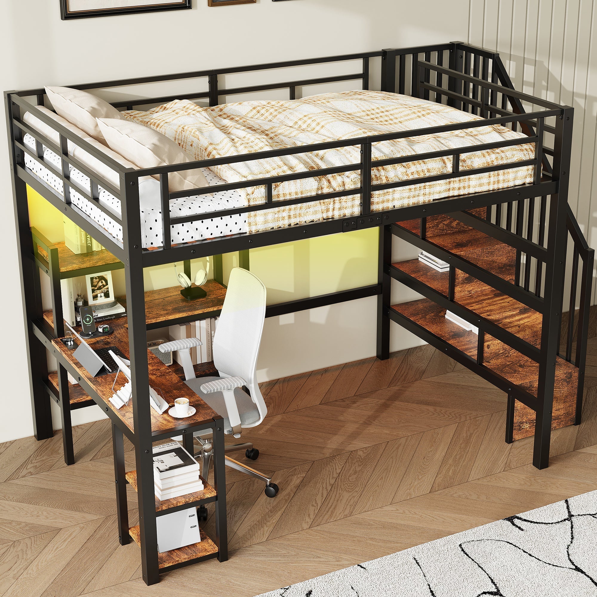 Metal Loft Bed with Desk, Stairs, Storage and LED, 140x200cm, Black