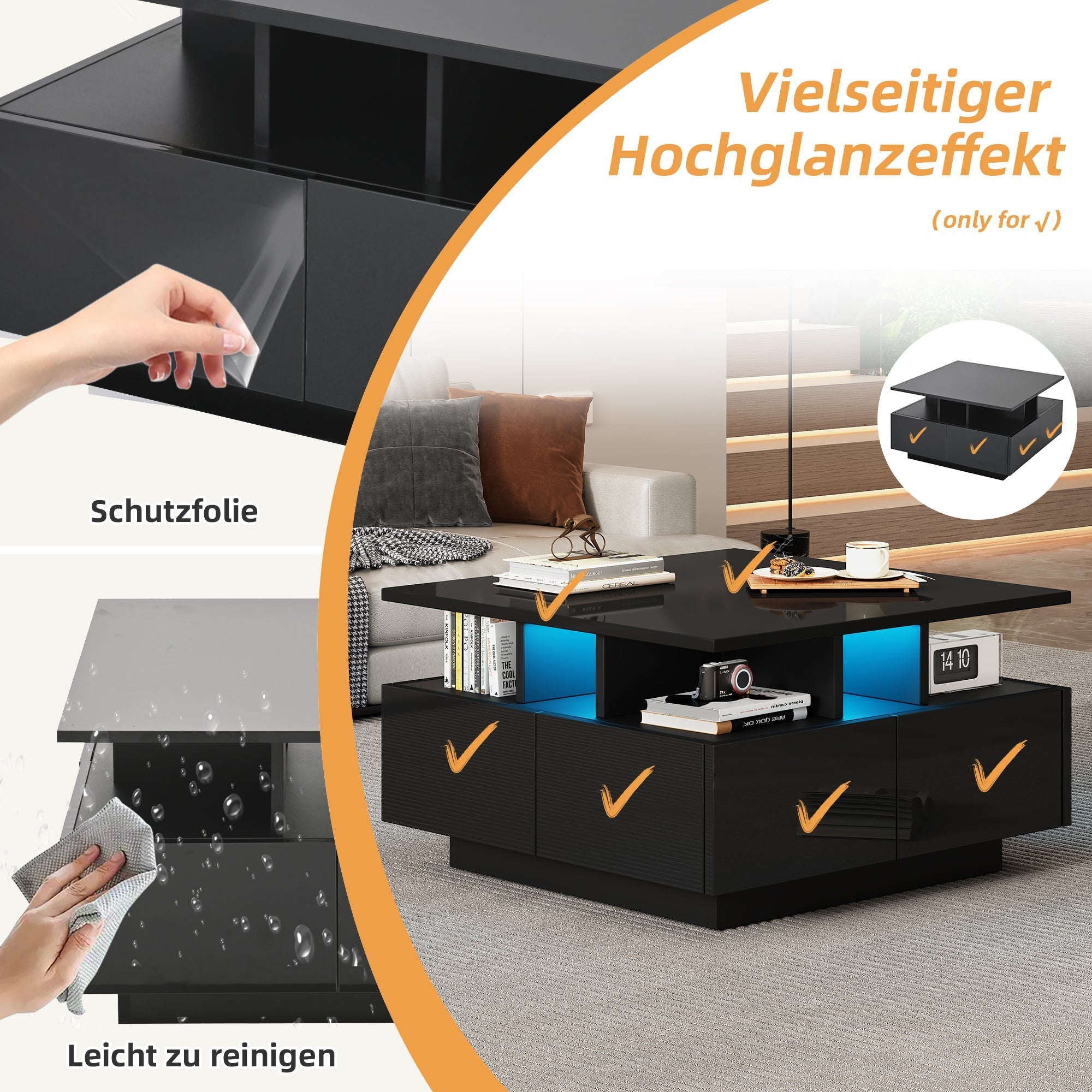 Coffee Table, High-Gloss LED with 4 Drawers, Geometric Design, Black