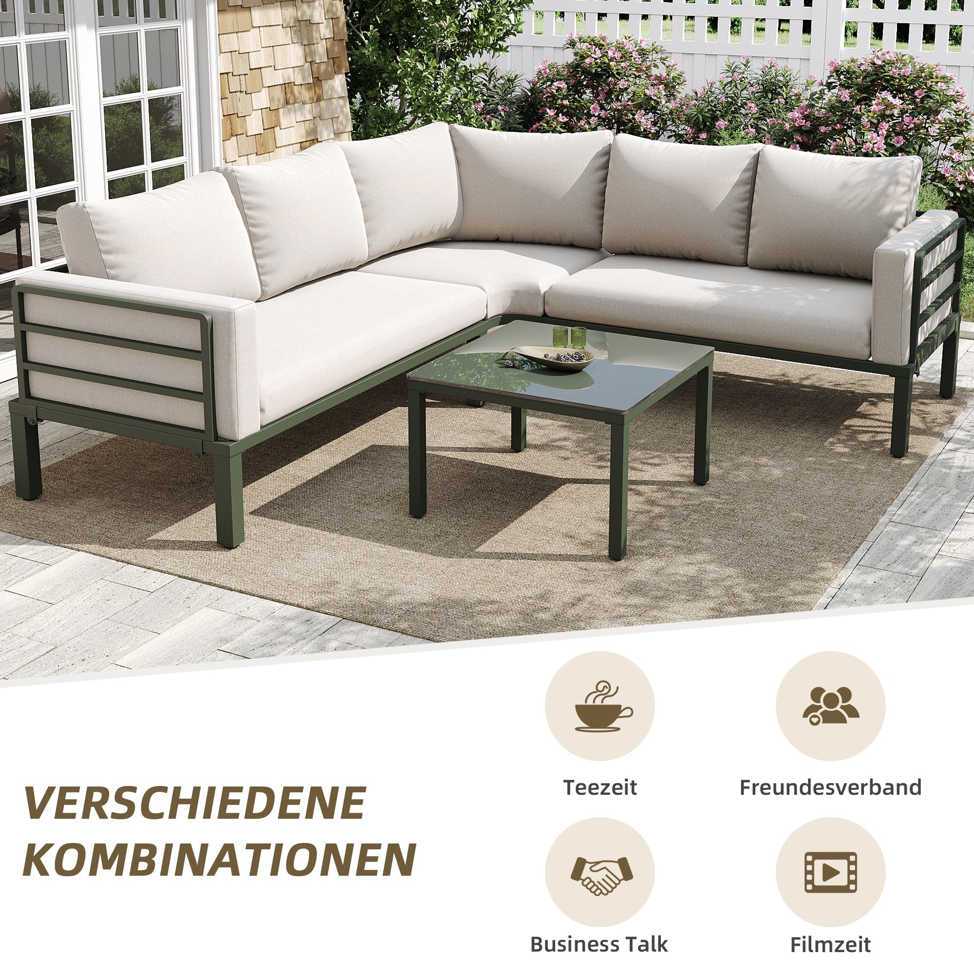 Garden Furniture Set 4-5 Seater with Tempered Glass Coffee Table Adjustable Legs - Green Iron/Beige Cushions