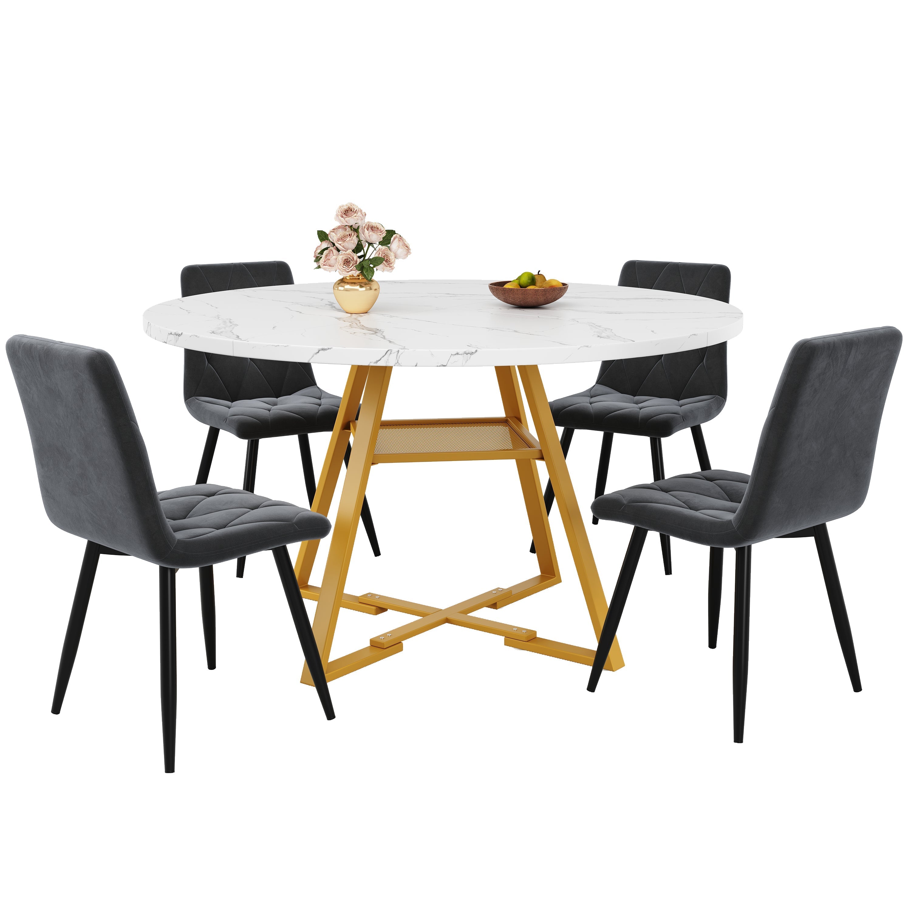 5-Piece Round Dining Table Set with 4 Chairs and Marble Pattern, Velvet Grey