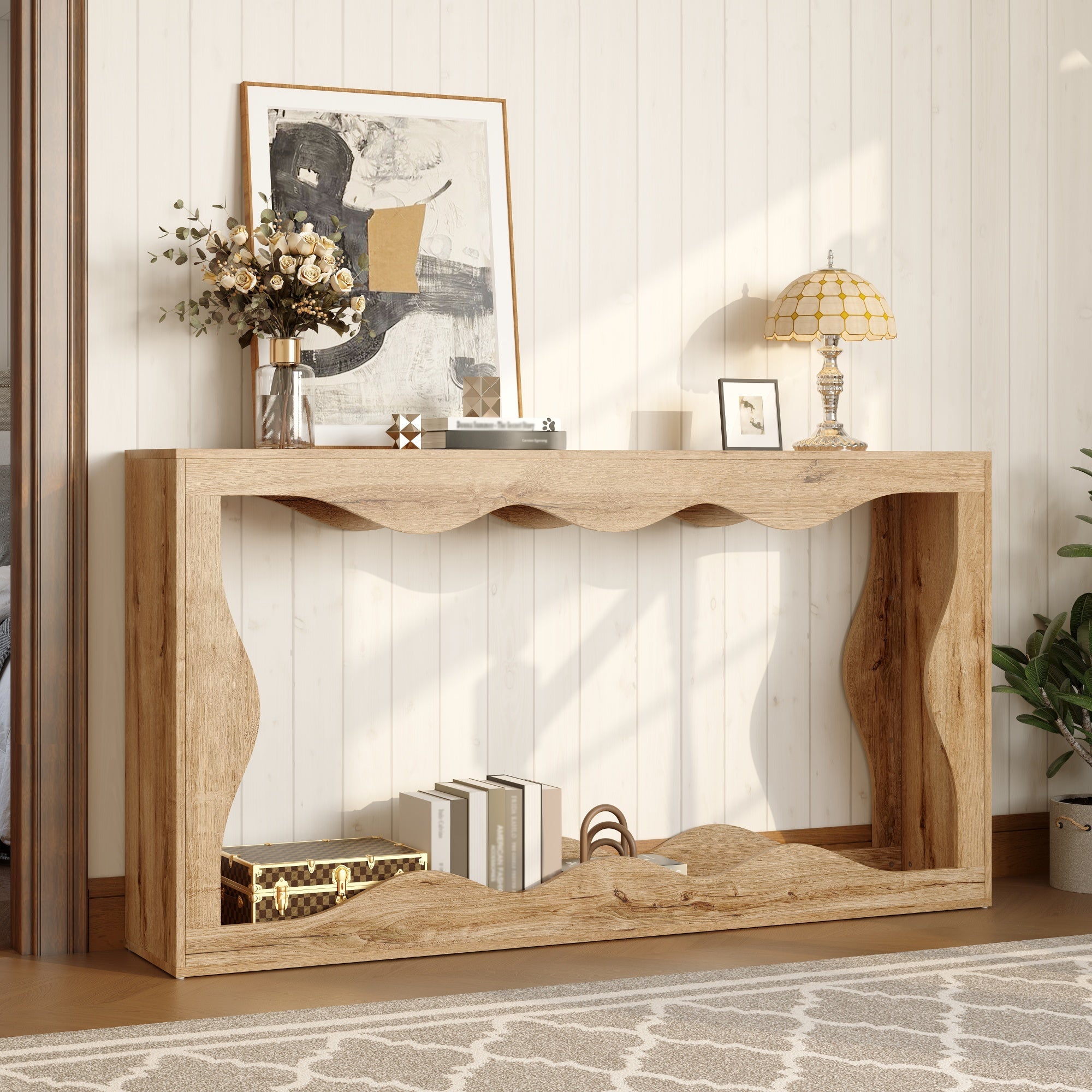 Wavy-Edge Console Table with 2-Tier Shelf and Natural Edge Design, Wood-Look