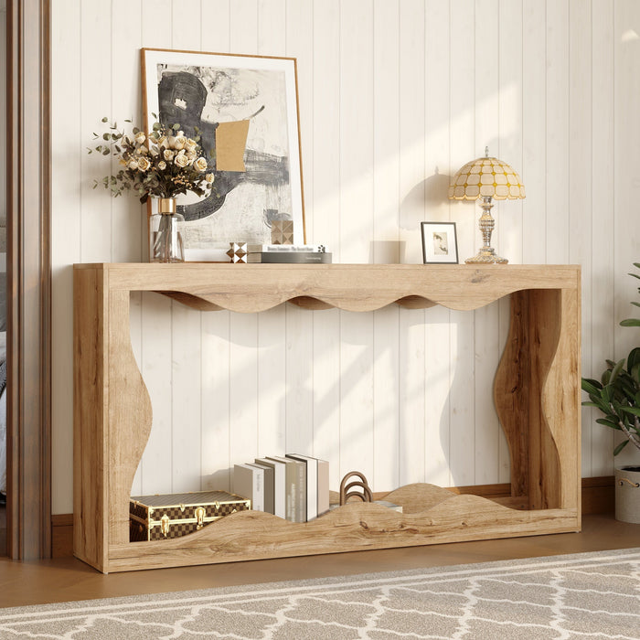 Wavy-Edge Console Table with 2-Tier Shelf and Natural Edge Design, Wood-Look