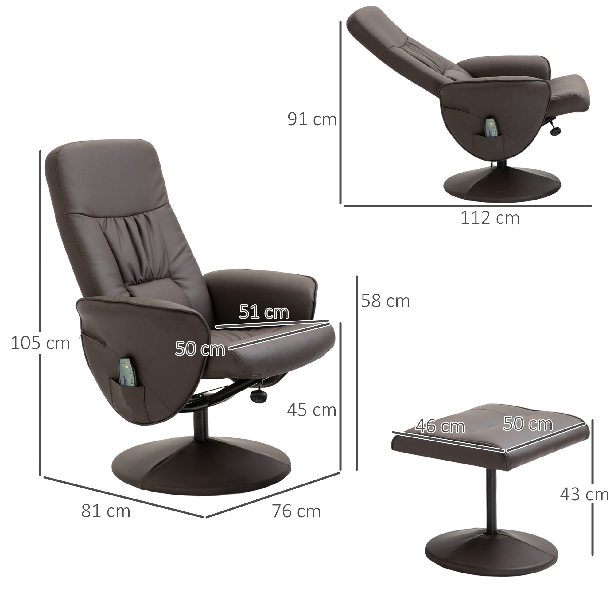 TV Armchair 2-piece Reclining 360° Swivel 10 Massage Points, Faux Leather Brown