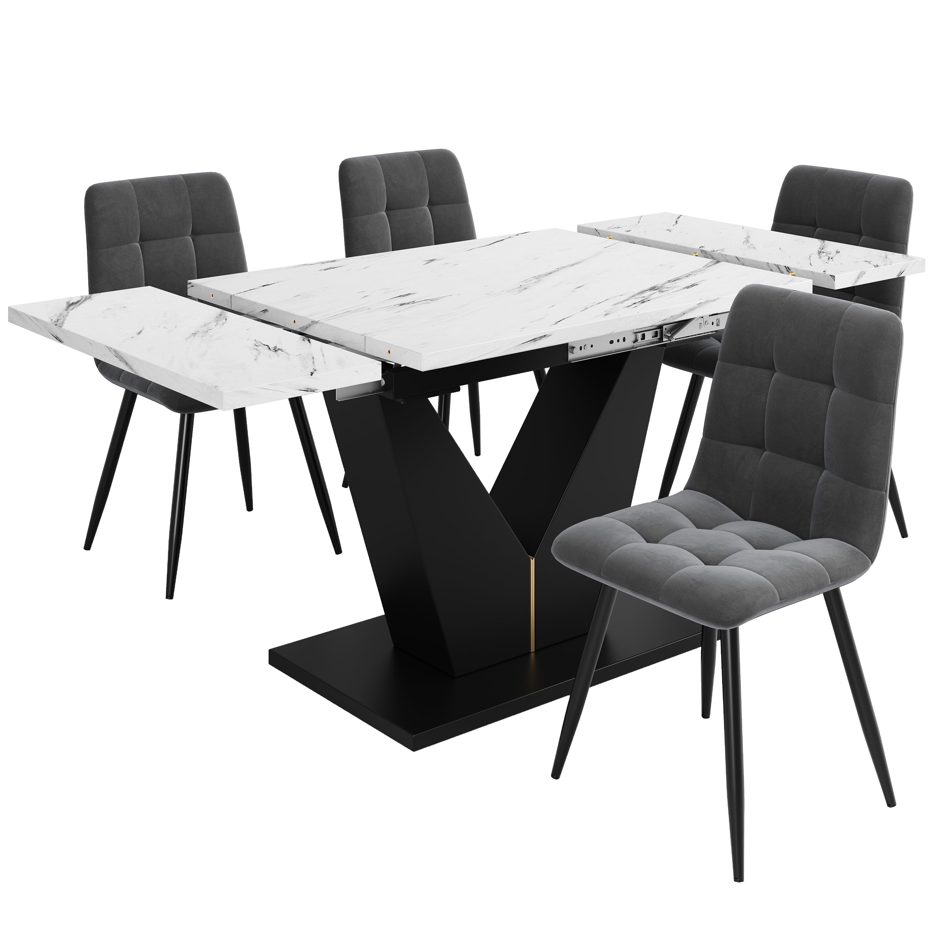 Dining Set 5-Piece Extendable Table 4 Velvet Chairs - White Marble/Grey