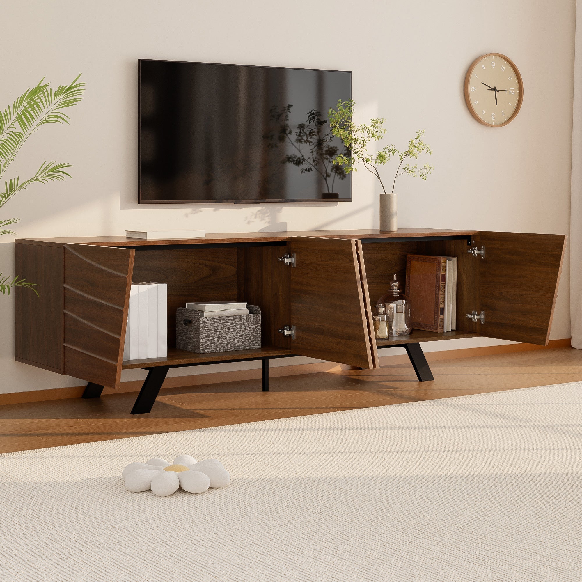 TV Cabinet Lowboard Modern Wave Front 160cm Large Storage Walnut/Black