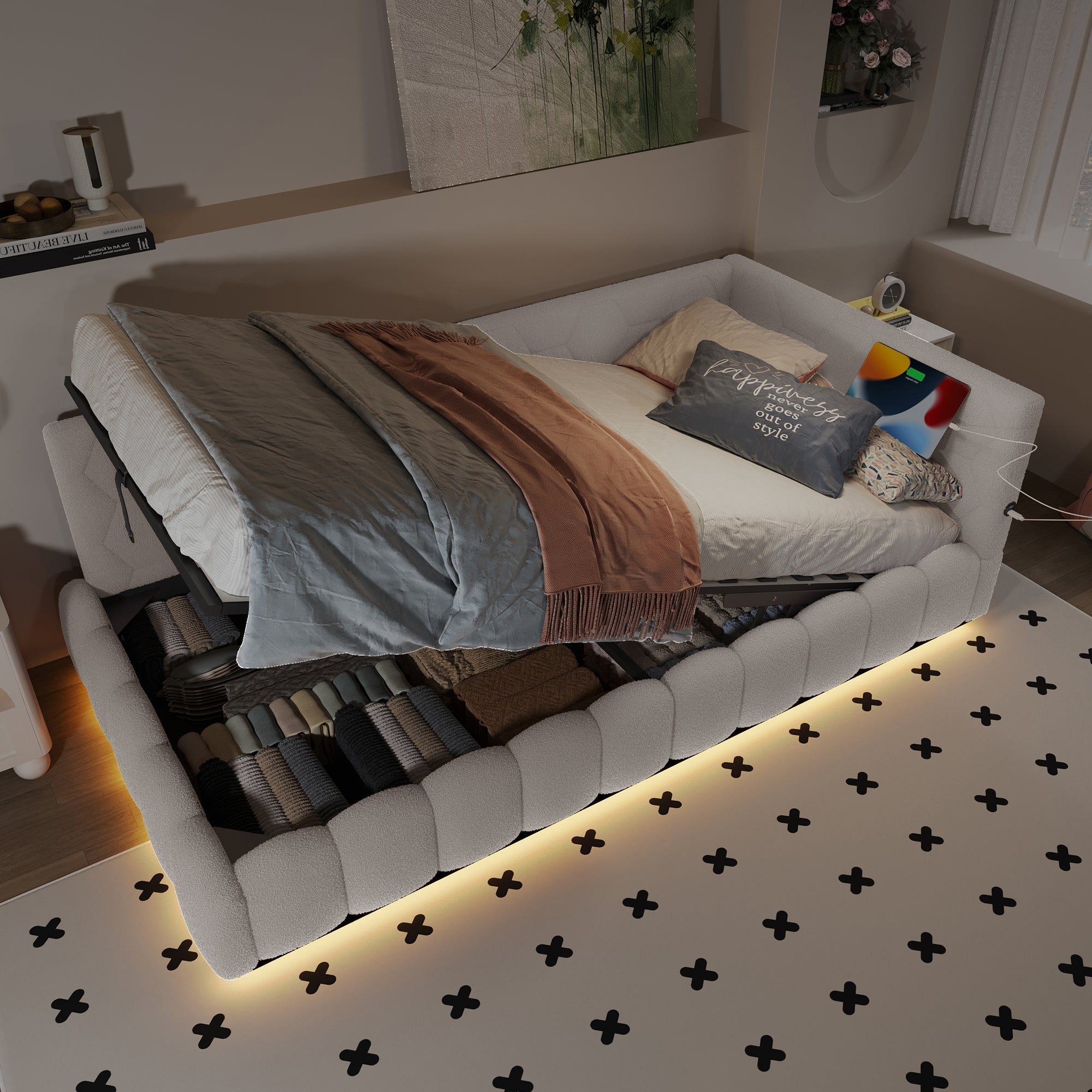 Daybed Sofa Bed 90x200cm Hydraulic Storage LED USB/Type-C - Imitation Fleece White