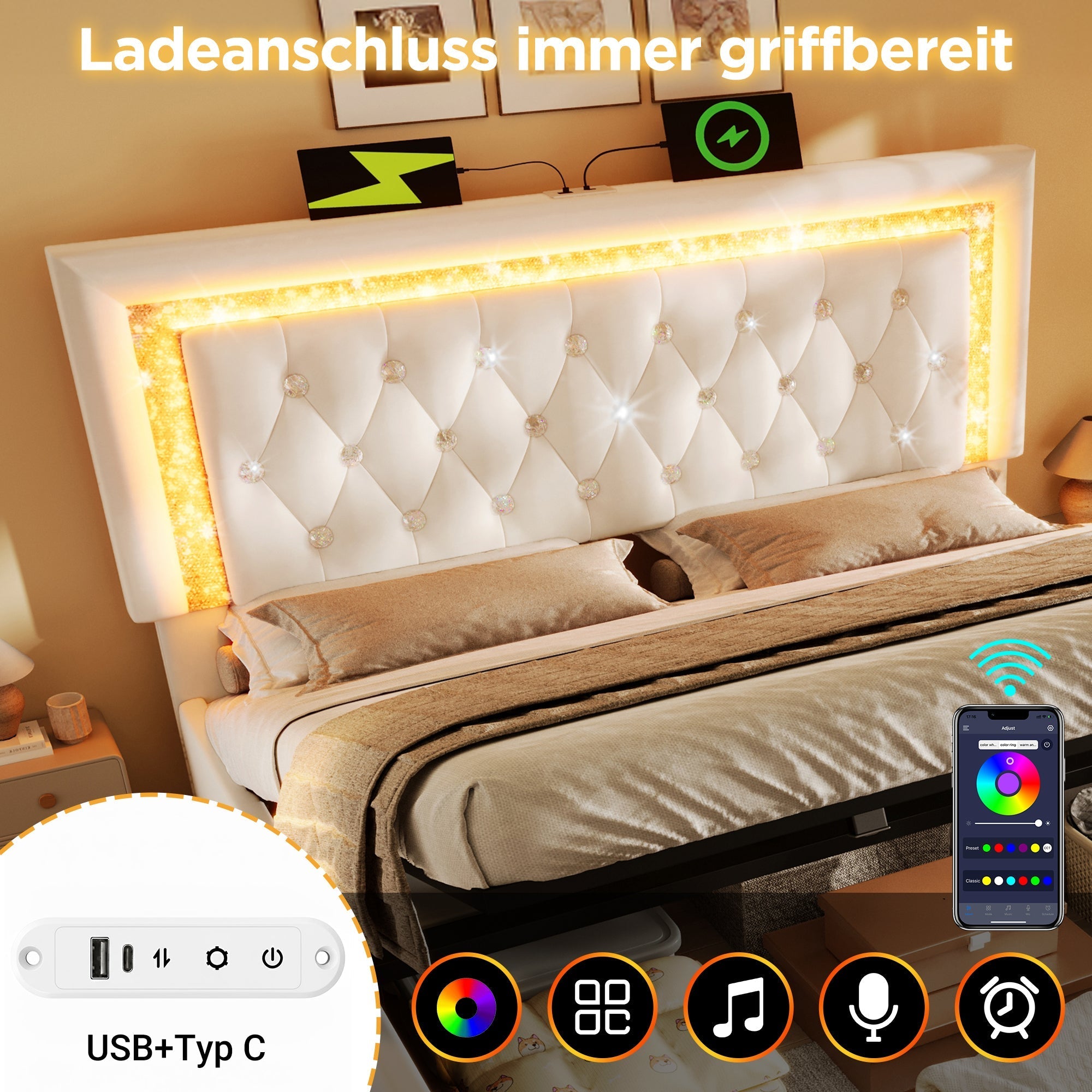 Upholstered Double Bed 160x200cm LED USB/Type-C Hydraulic Storage - Beige Velvet