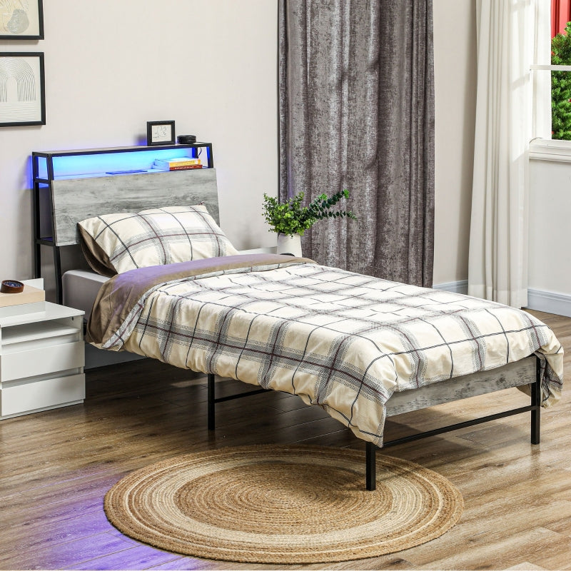 Single Bed Frame with LED Lights and Headboard Shelf, Steel Grey