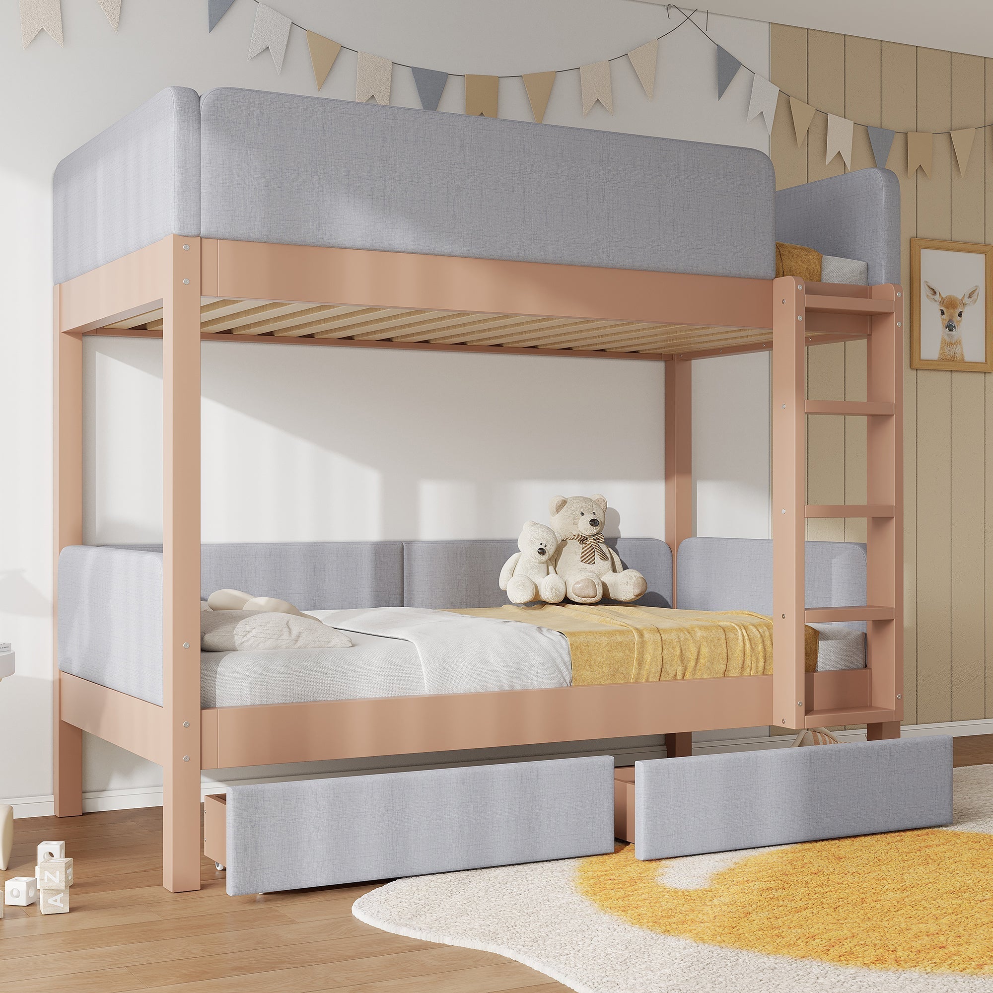 Bunk Bed with Anti-Collision Edge, Straight Staircase and Two Drawers, 90x200cm, Grey and Natural Rubberwood + MDF