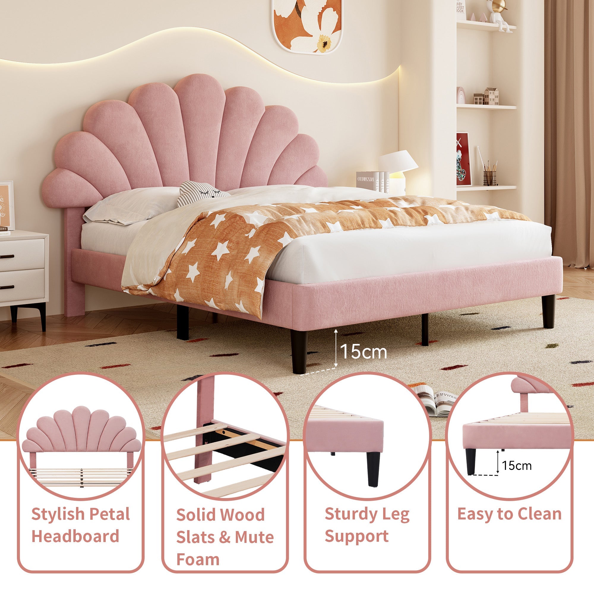 4ft6 Double Upholstered Velvet Bed Frame, Adjustable Chic Petal Headboard, Pink