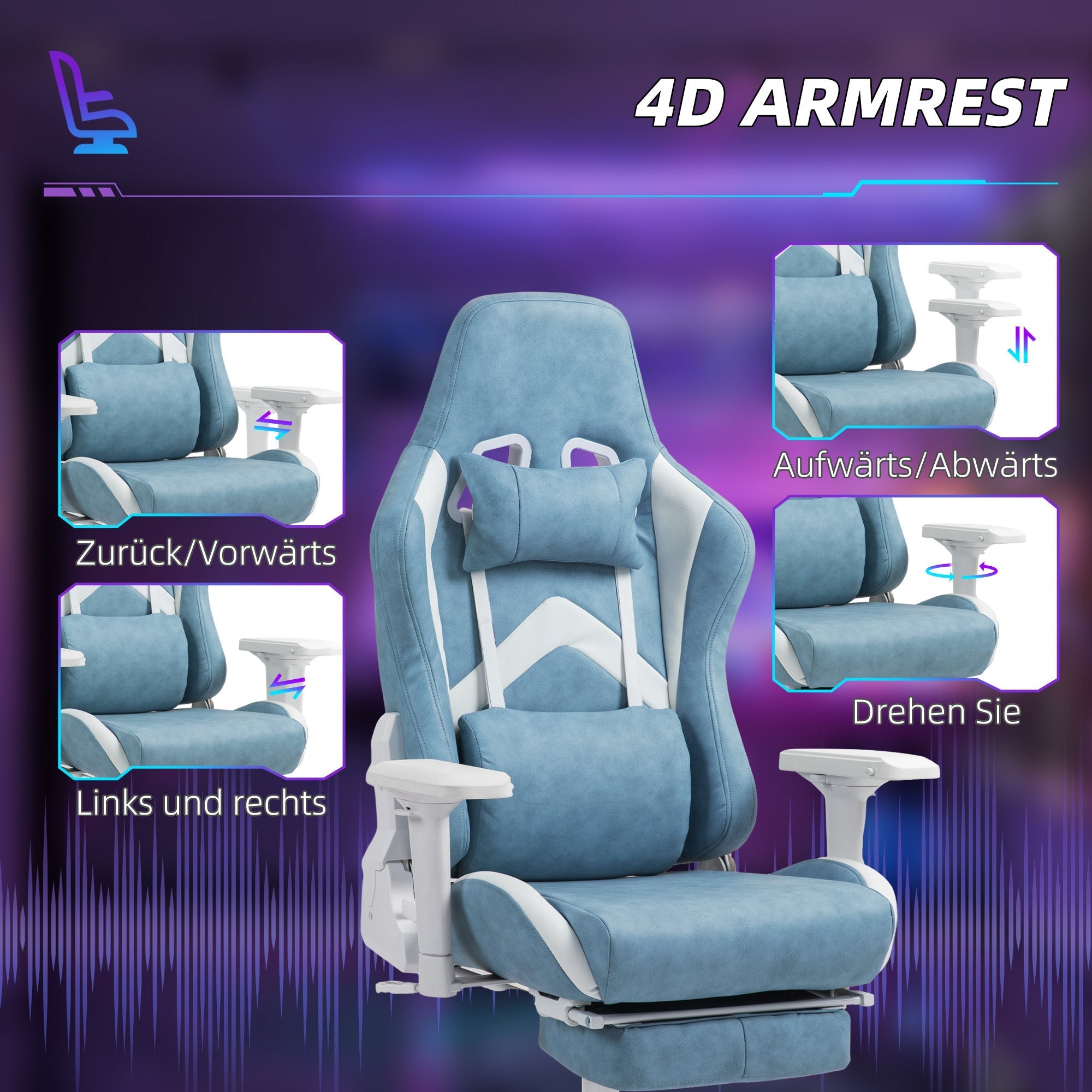 Gaming-Stuhl mit Liegefunktion, ergonomisch, Kunstleder Blau