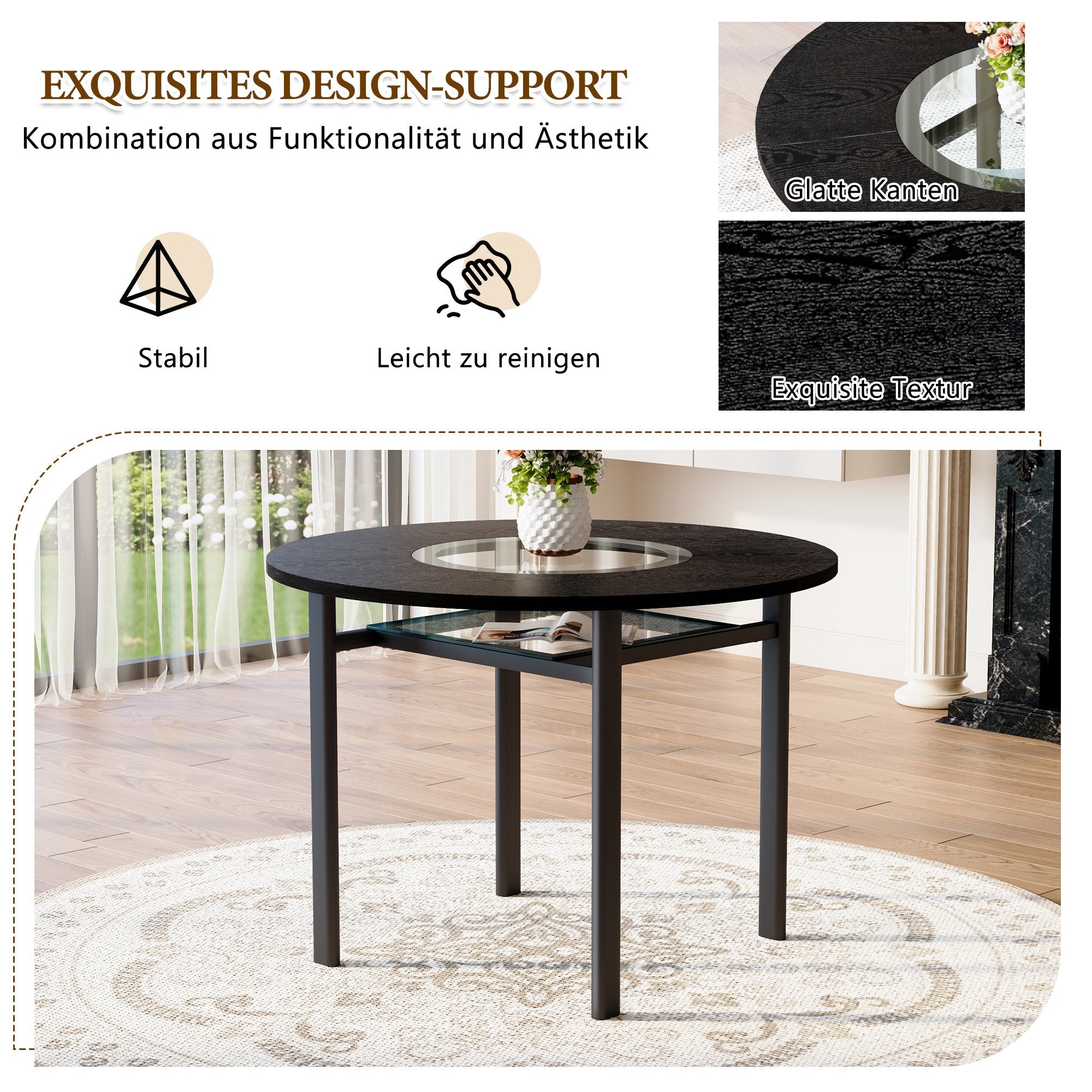 Round Dining Set 100cm 4 Tech Fabric Chairs - Black Wood Look/Brown