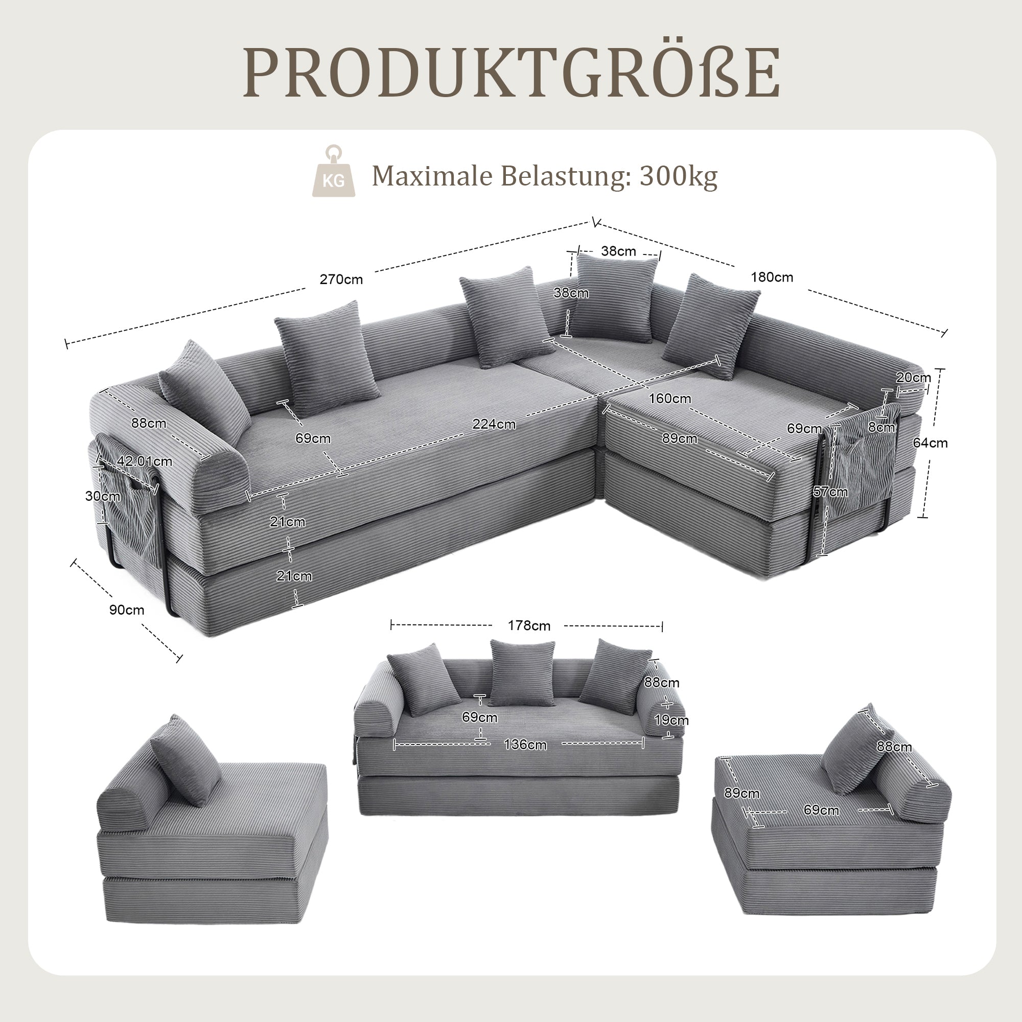 Modular Family Sofa with Storage & Pet-Friendly Fabric - Dark Gray
