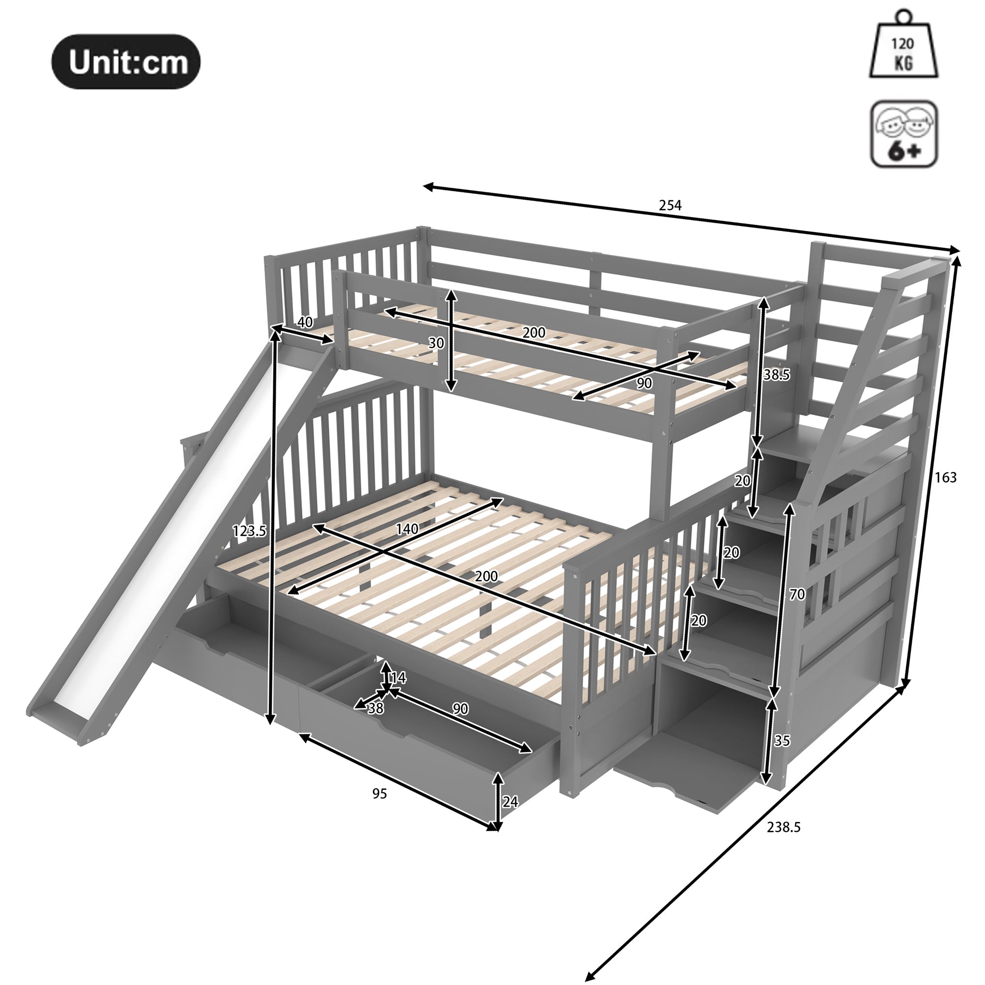 Bunk Bed 90x200 Over 140x200 With Storage Drawers & Slide Grey