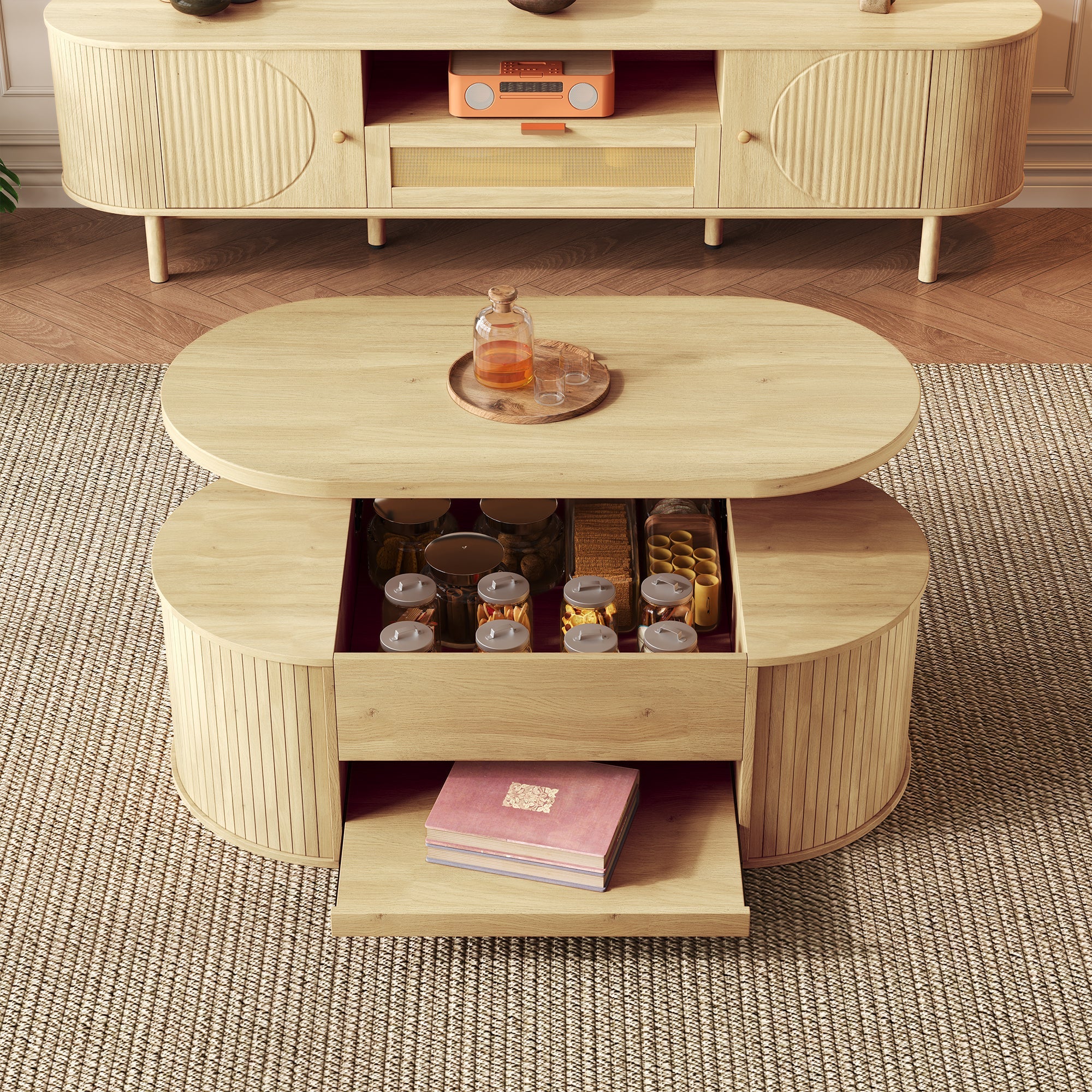 Liftable Coffee Table with Curved Wooden Sides, Extendable Shelf, Liftable Tabletop, Multifunctional Living Room Furniture