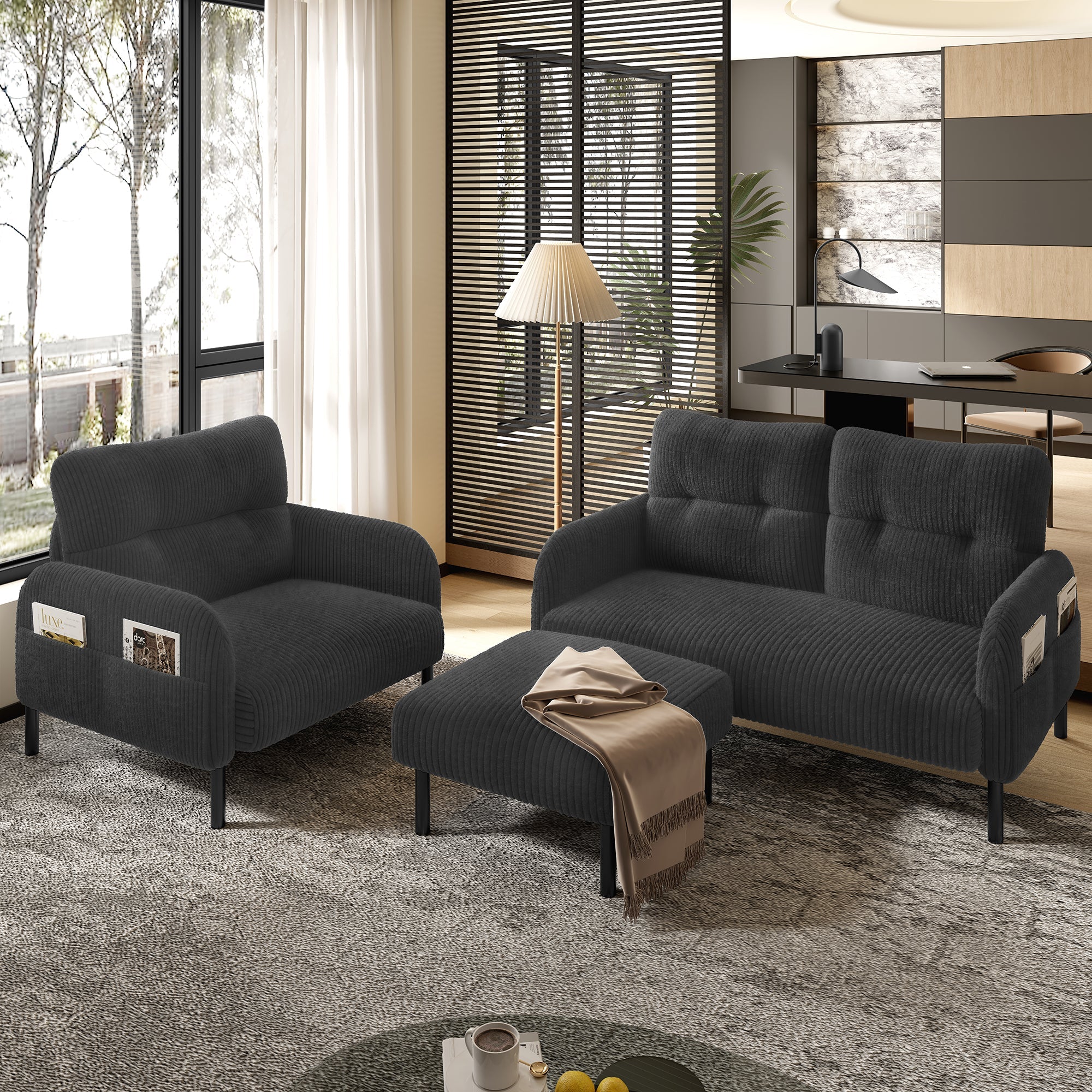 Cord Sofa Set, Modular 3-Piece Deep Seat Side Pocket, Grey Fabric