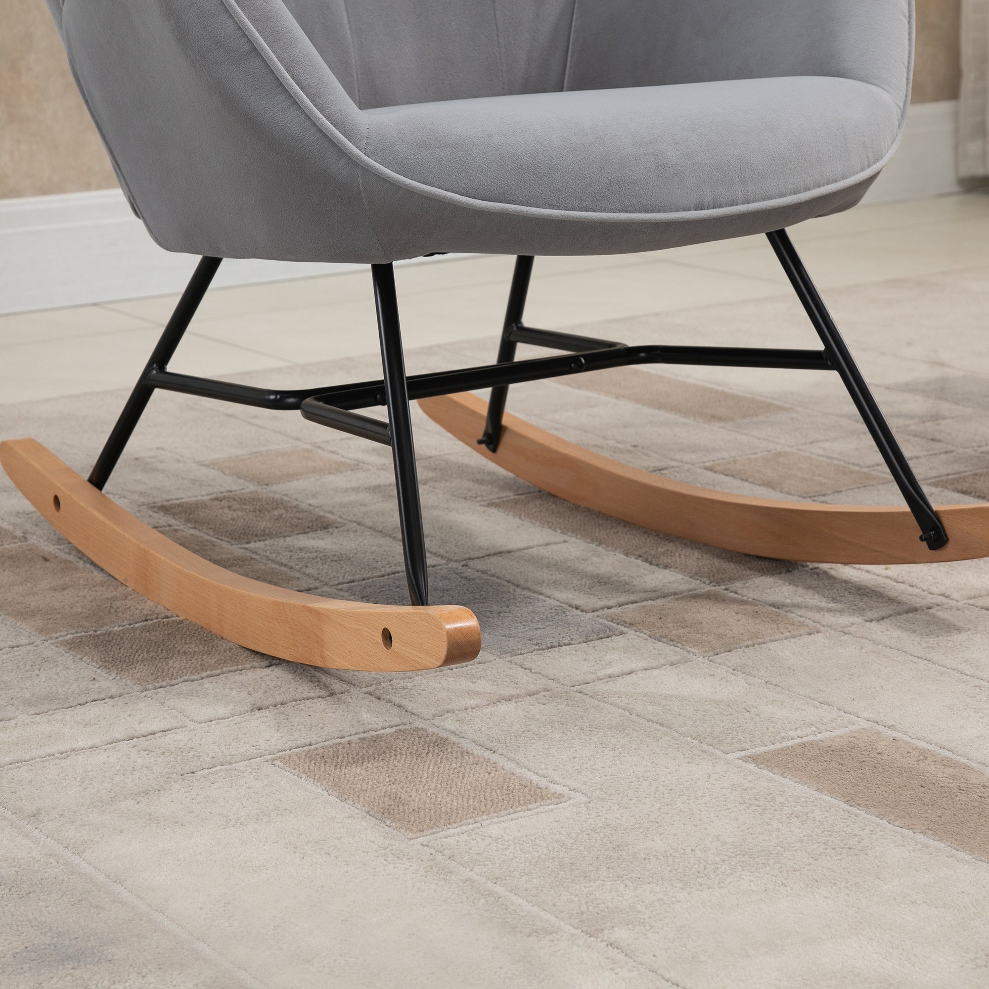 Rocking Chair, Ergonomic Swing, Nursing, Velvet Look, Light Grey