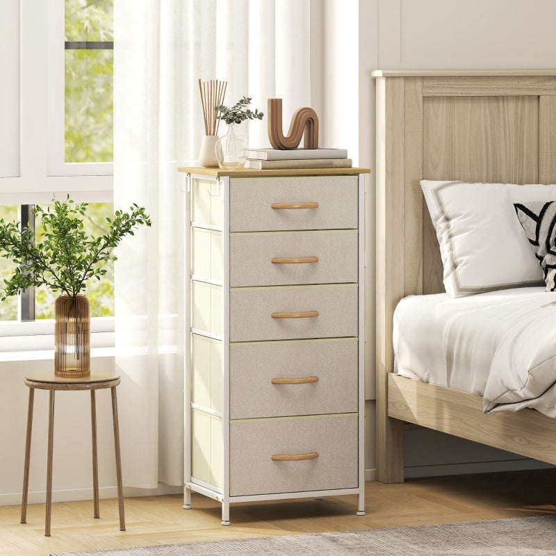 Chest of Drawers, Five Fabric Drawer Storage, Beige