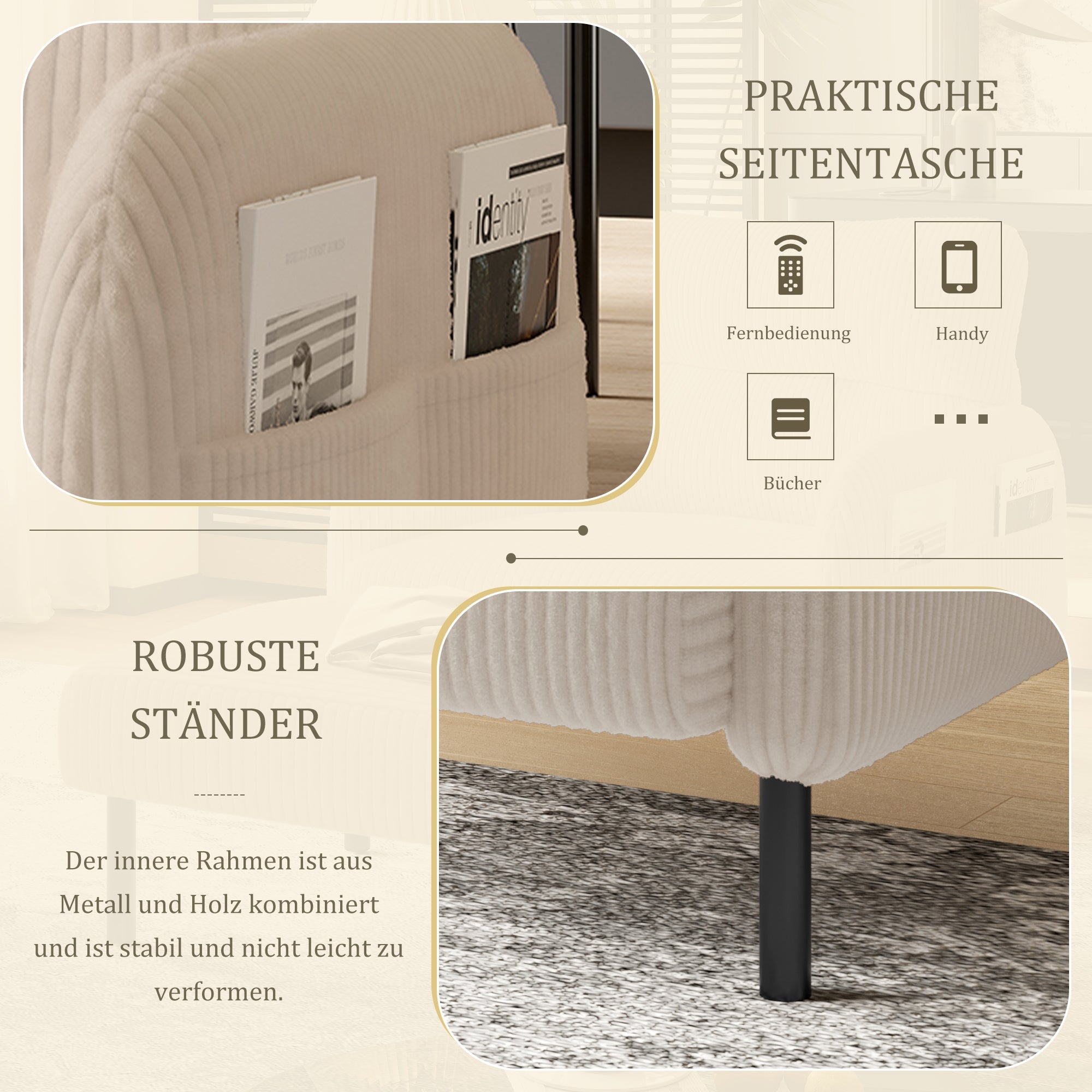 Sofa/Chair Comfortable Seat Depth, Armrests with Side Pockets, Solid Structure, Velvet Fabric