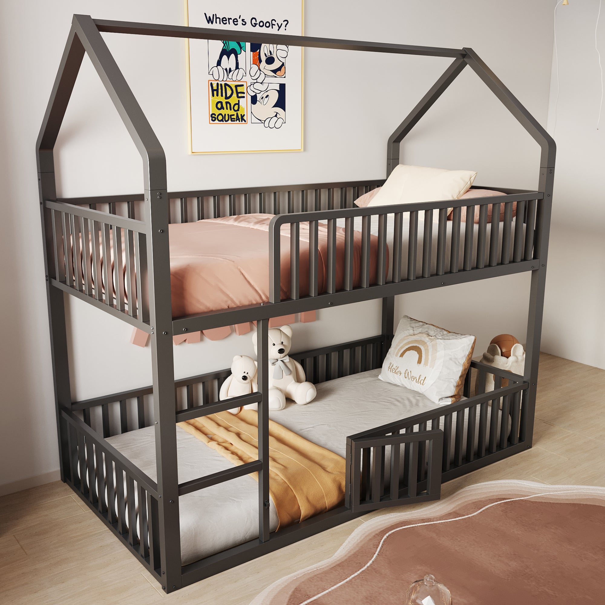 Children's Bunk Bed 90*200, Loft Design with Stairs & Small Door, Metal Black