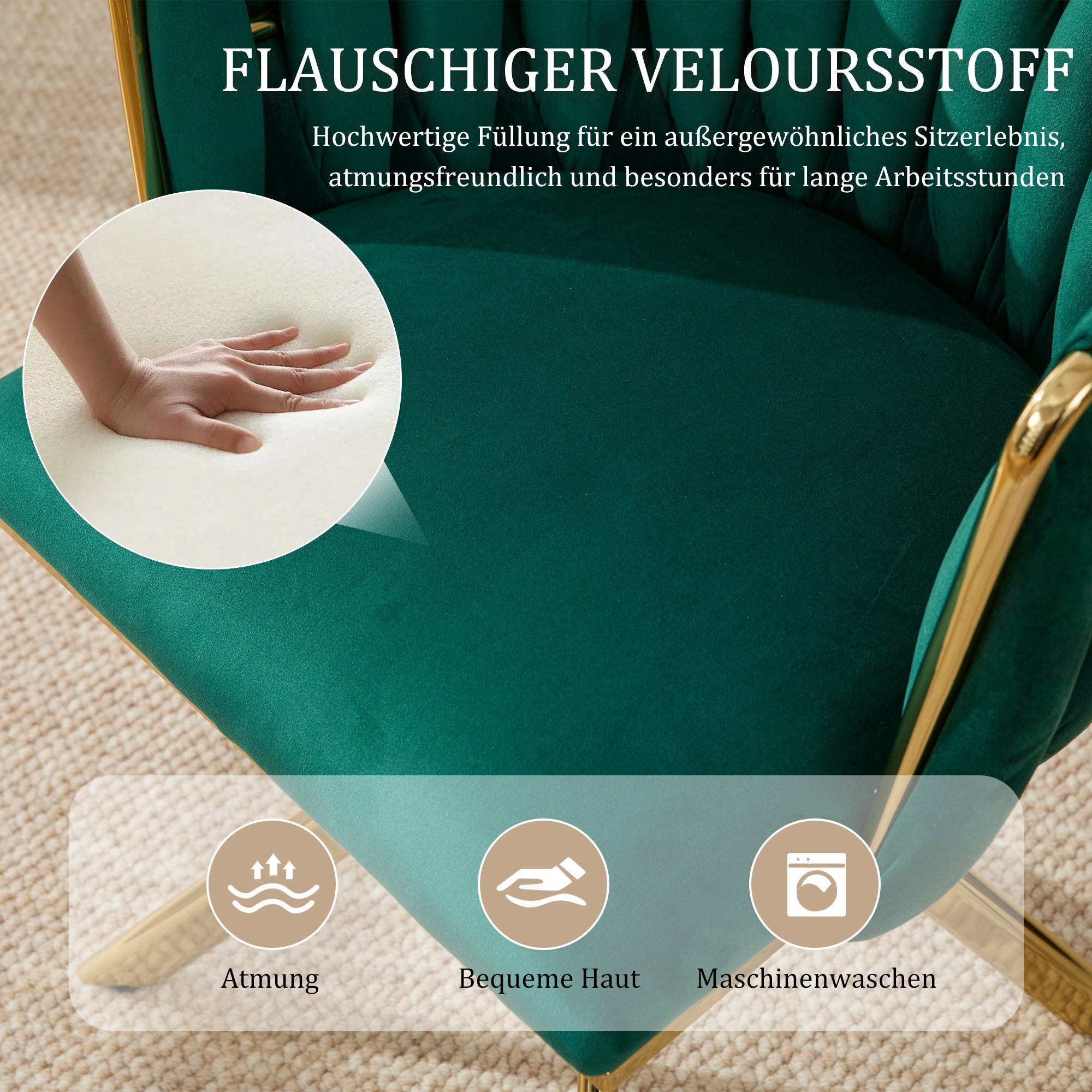 Velour Armchair, 180° Swivel, Ergonomic, Metal Frame