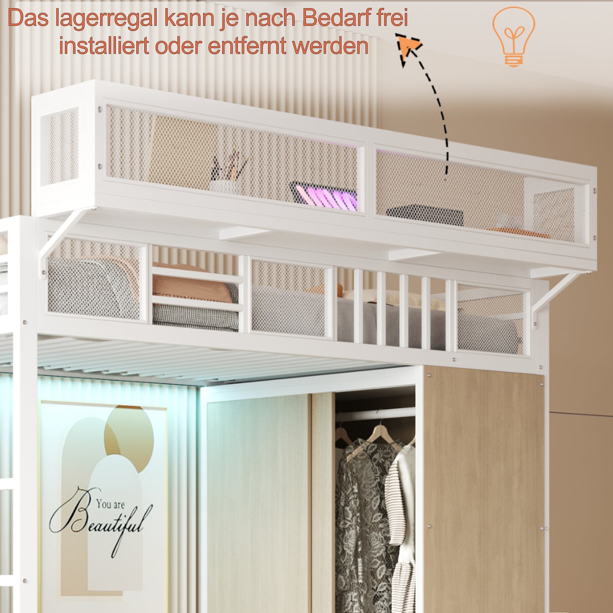 Metal Loft Bed with Wardrobe, Safety Ladder and LED Lighting, White