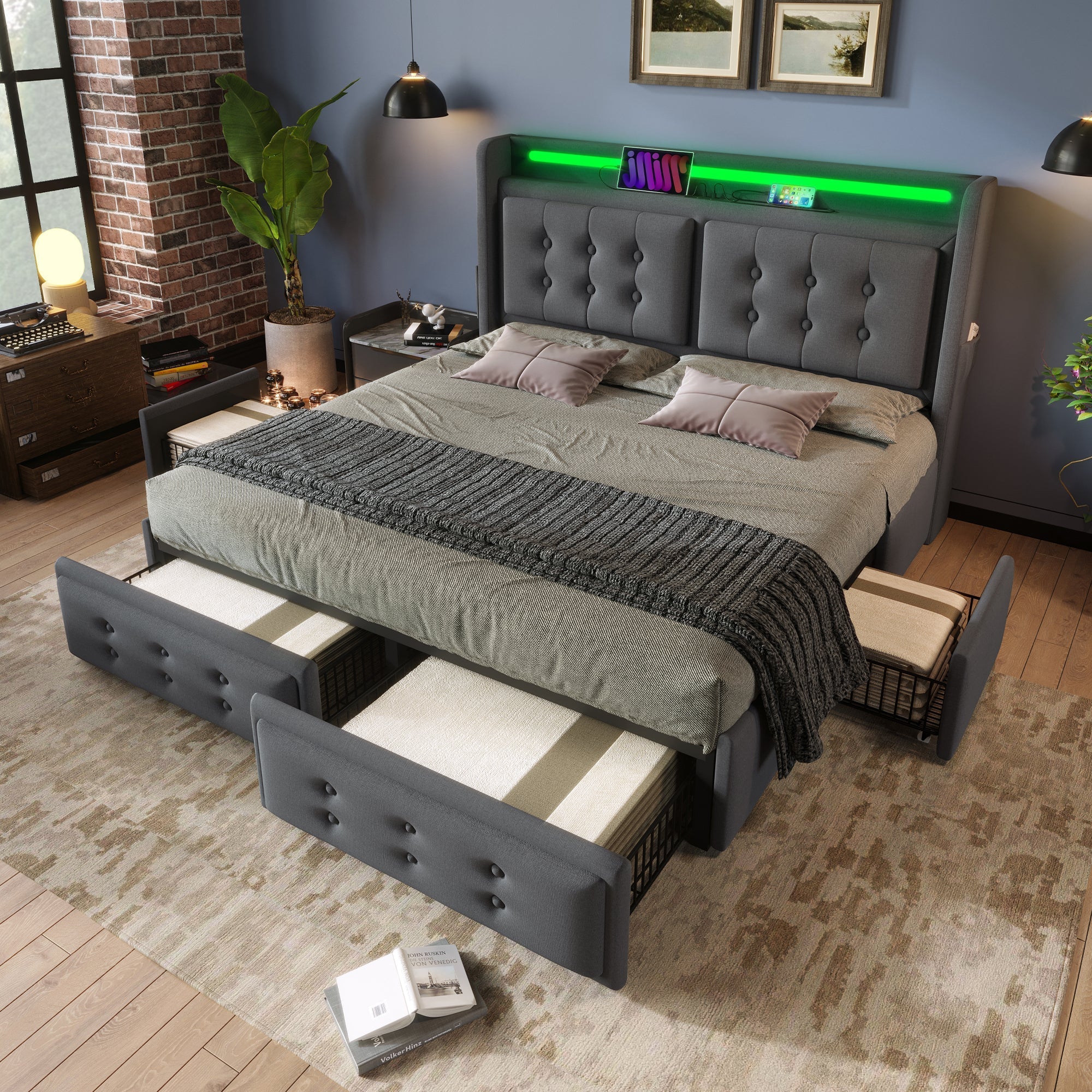 Upholstered Bed 160x200, LED Headboard with USB C & 4 Drawers, Gray Cotton