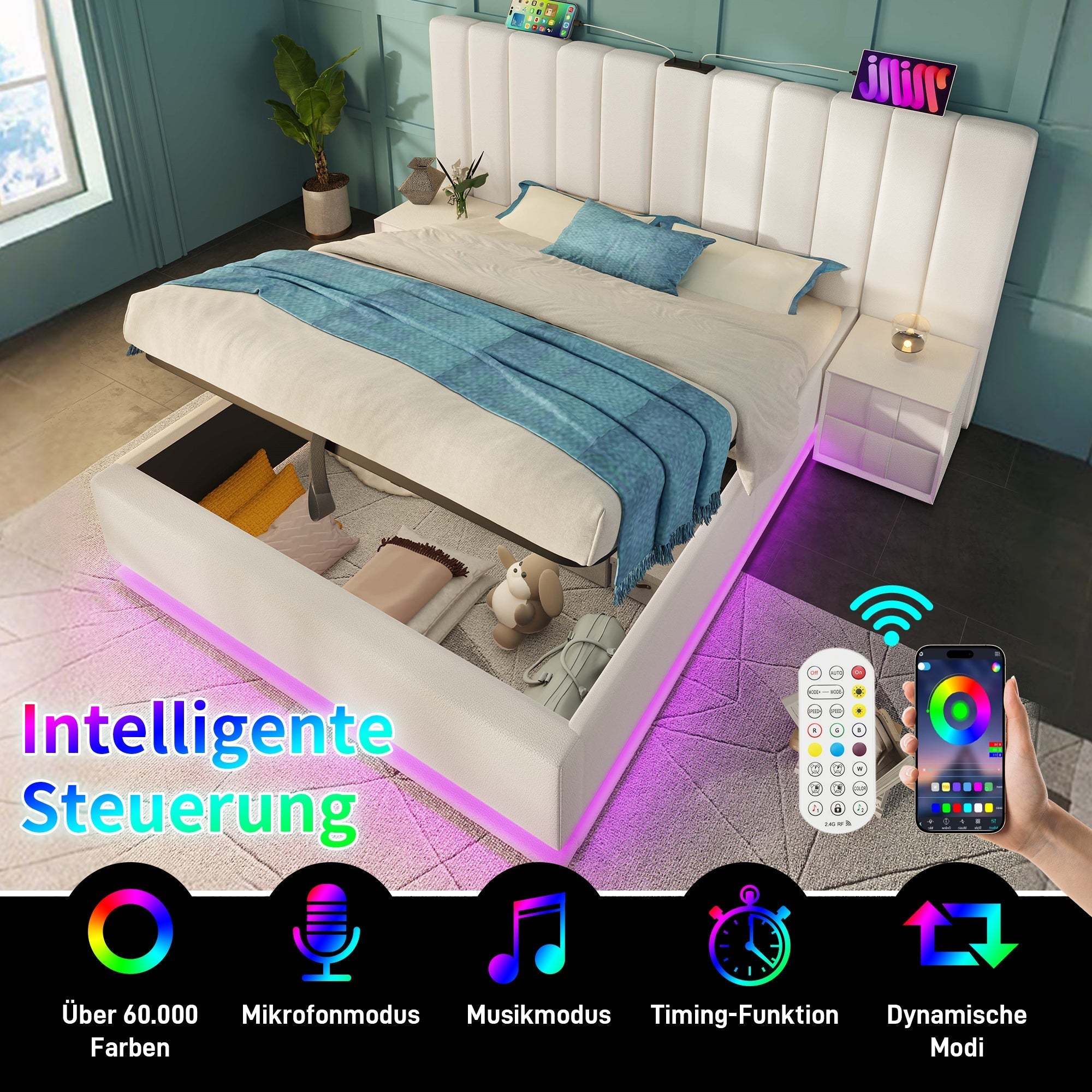 Upholstered Bed 180x200 Double Storage with App Control LED & USB-C Charging, PU White
