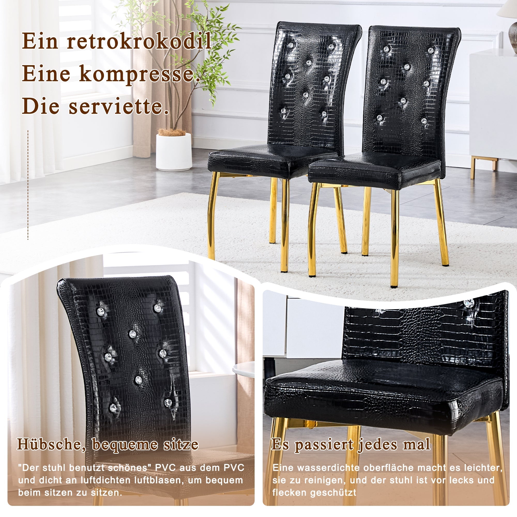 Dining Chairs Set of 2 Retro Upholstered Alligator-Skin Crystal Buckle Gold Legs Faux Leather
