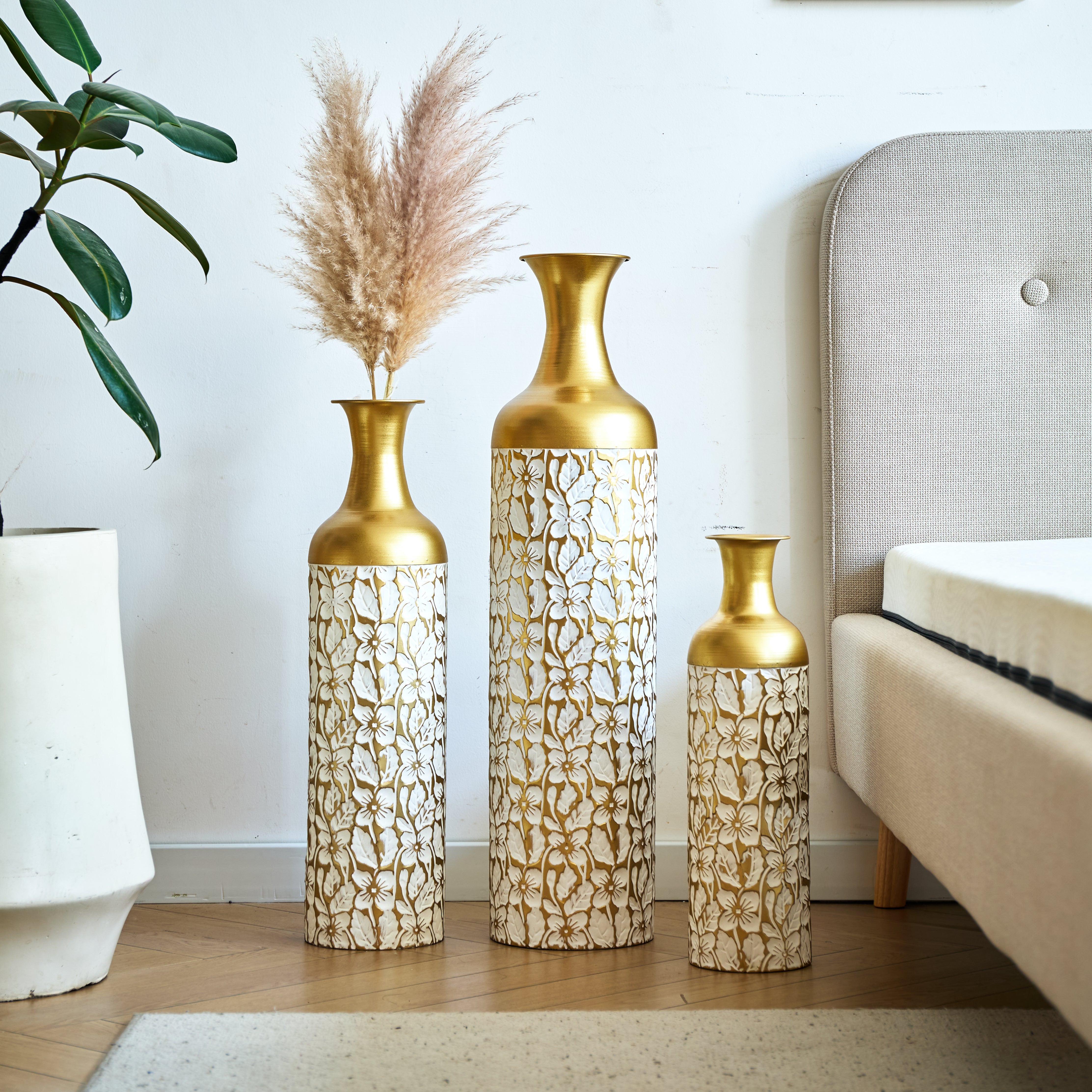 Floor Vase Set 3 Retro 83/65/50cm High White Gold Metal