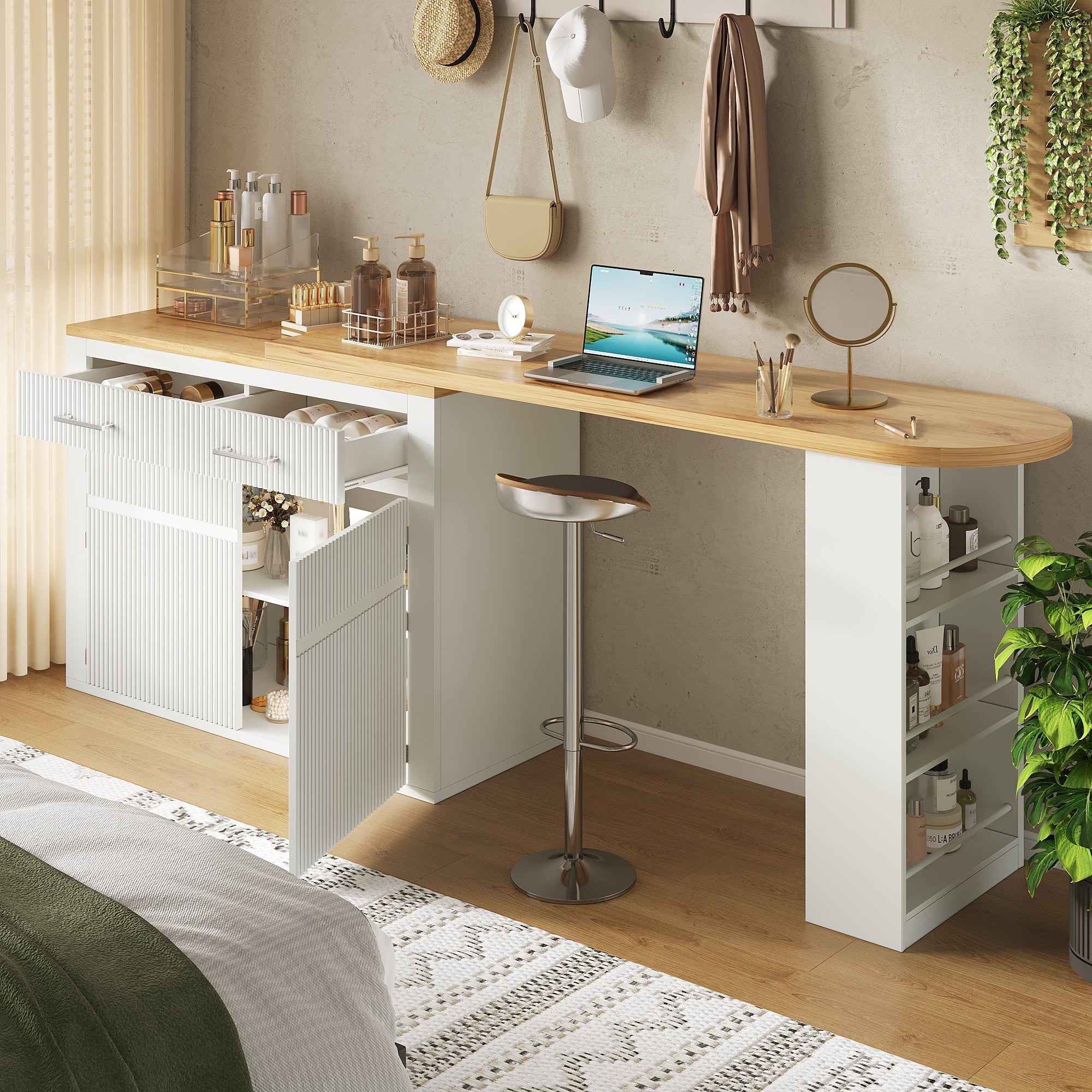 Extendable Bar Table Telescopic Movable Storage Drawer Shelves - White