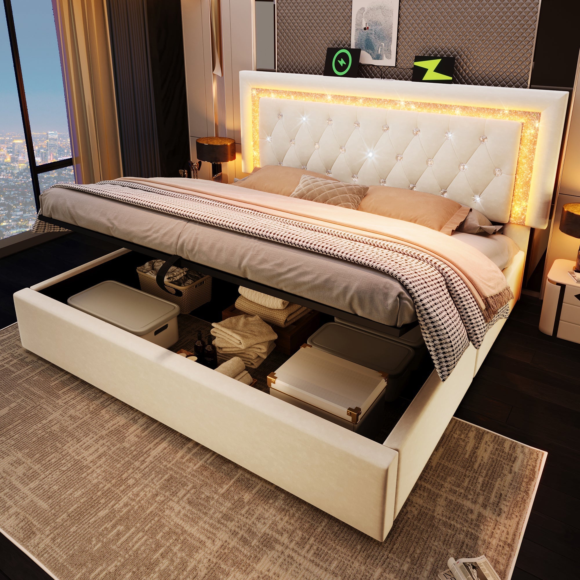 Upholstered Double Bed 160x200cm LED USB/Type-C Hydraulic Storage - Beige Velvet