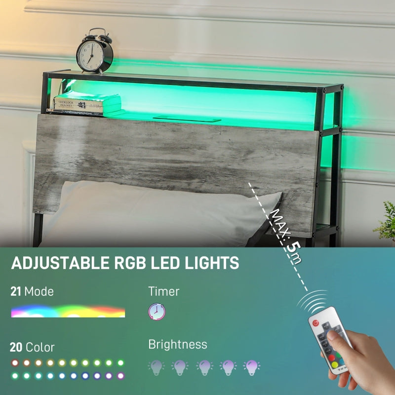 Single Bed Frame with LED Lights and Headboard Shelf, Steel Grey