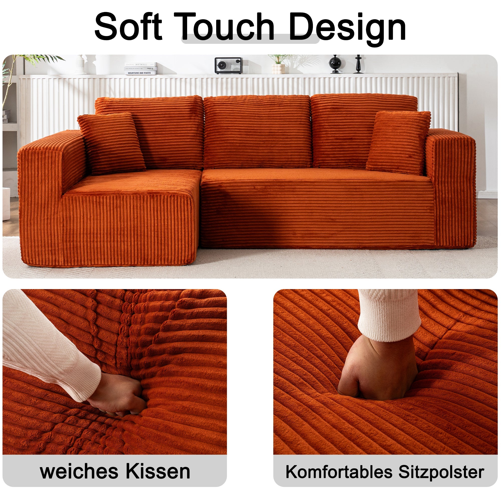 Modern Modular L-Shaped Cloud Sofa with Chaise Lounge and No Assembly, Soft Fabric Material