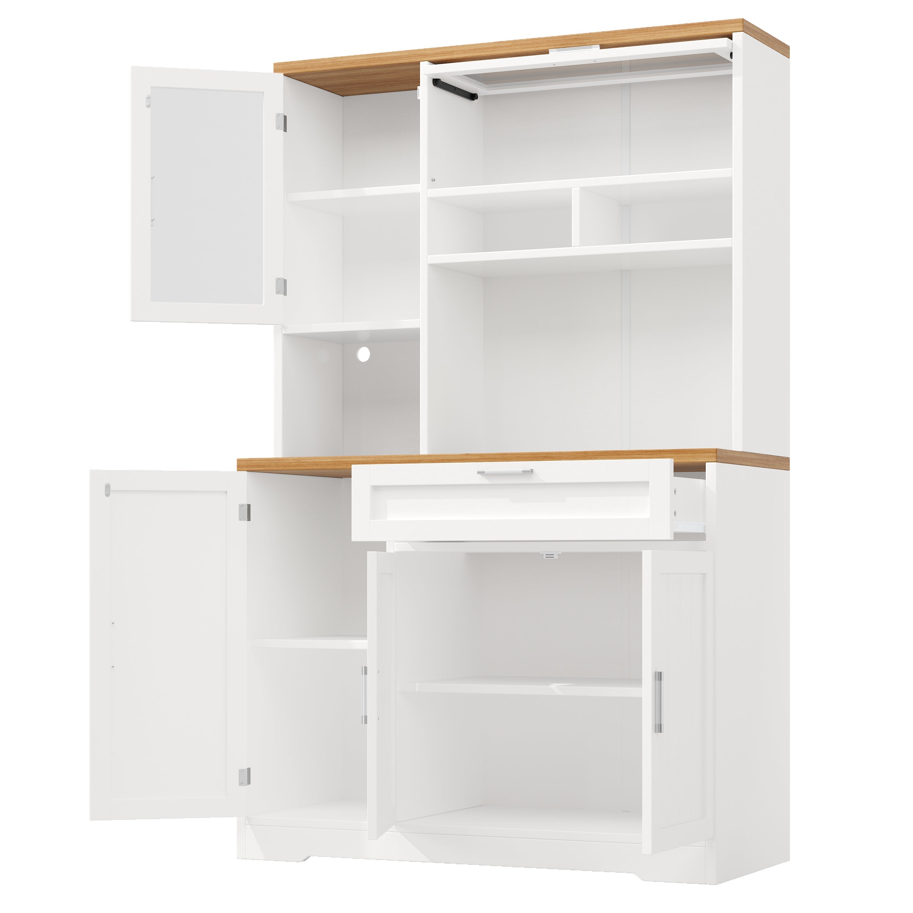 Tall Kitchen Cabinet Display Case with LED Lighting and Glass Doors, White and Black