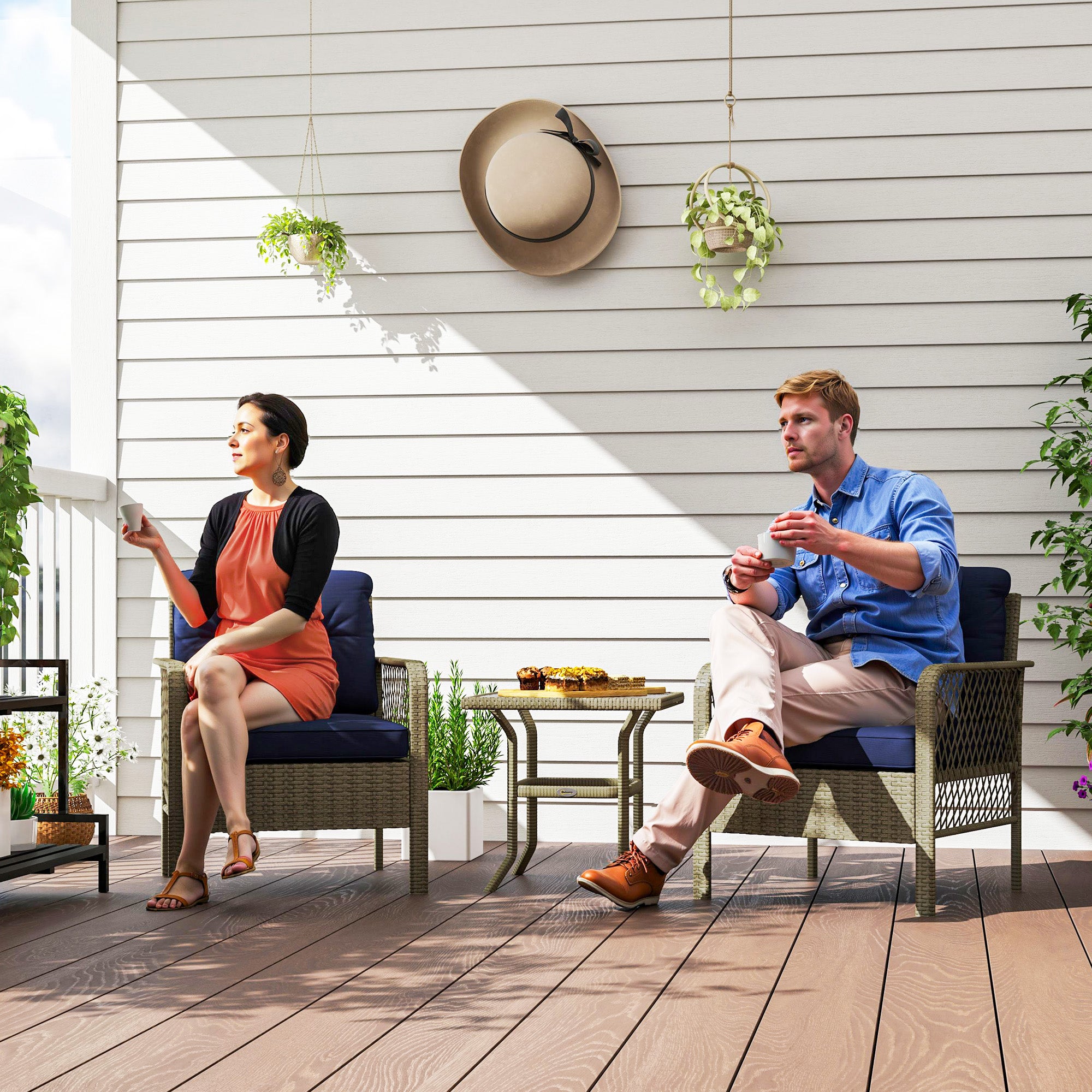 3 Pieces Rattan Bistro Set, Glass Top Table & Cushioned Chairs, Charcoal Grey